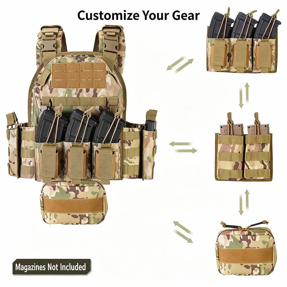 Chaleco Táctico Airsoft,Ajustable con Sistema MOLLE y Liberación Rápida, Chaleco Ligero y Transpirable con Bolsillos Modulares para Paintball Senderismo Caza Camping Outdoor