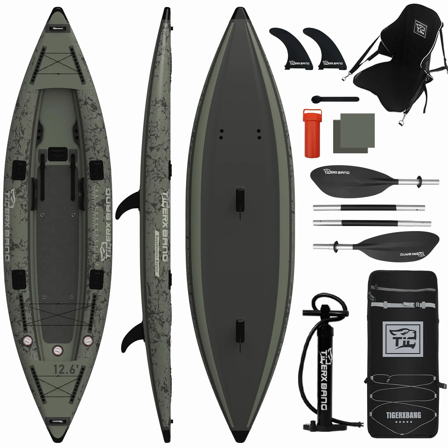 TIGERXBANG Kayak de pesca inflable con asiento, 386 x 102 x 27 cm, juego de kayak de SUP para adultos y niños, kayak de pesca con remo, bomba de mano, mochila y accesorios para pesca y viajes