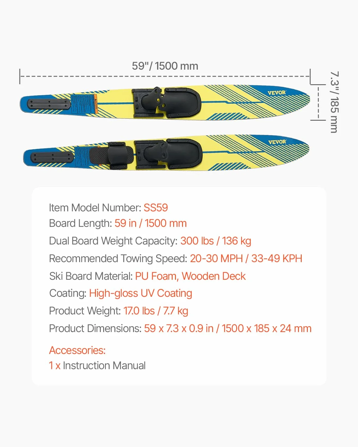 VEVOR Esquís Acuáticos 150 cm Fijaciones Herradura Ajustables X-7 Puntera Trasera Acolchada Revestimiento UV Alto Brillo Adultos 136 kg