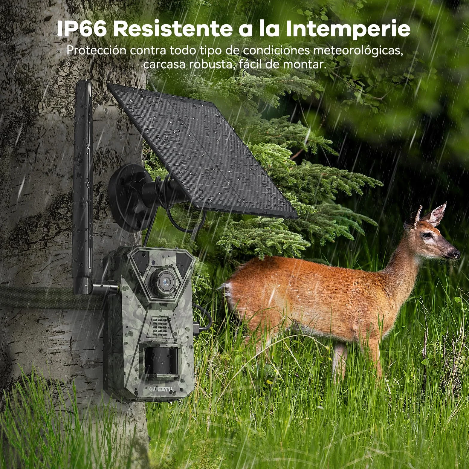 DEATTI Camara Fototrampeo Solar 4G LTE Camara Caza, Tarjeta SIM Camara de Caza Nocturna 940nm Invisibles IR Leds IP66 Impermeable, con Batería Incorporada de 7800mAh（Sin Tarjeta SD）