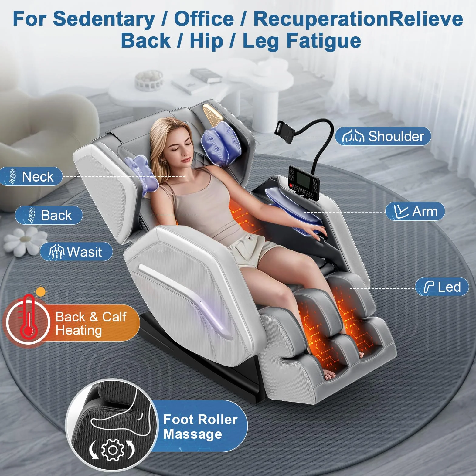 Sillón de Masaje Reclinable Cuerpo Completo 14 Rodillos 8 Bolsas de Aire Calefacción Masaje de Pies Bluetooth Control Remoto