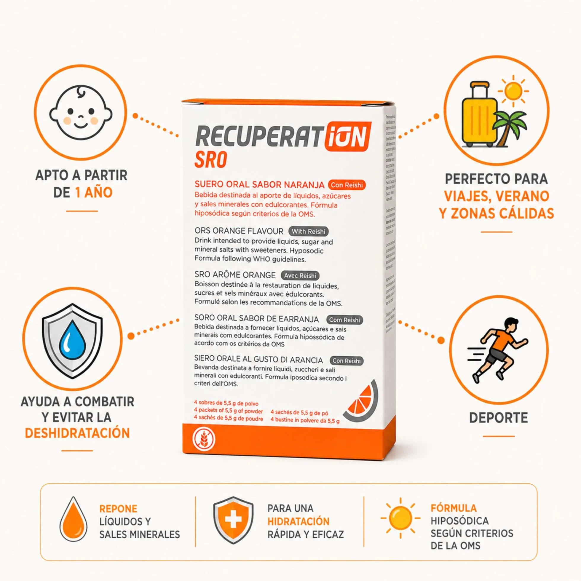 Suero Oral en Polvo con Reishi y Prebiótico Rehidratación Oral Gastroenteritis Vómitos Niños Adultos Sabor Naranja Sin Gluten Ni Lactosa Pack 4 Sobres Veganos