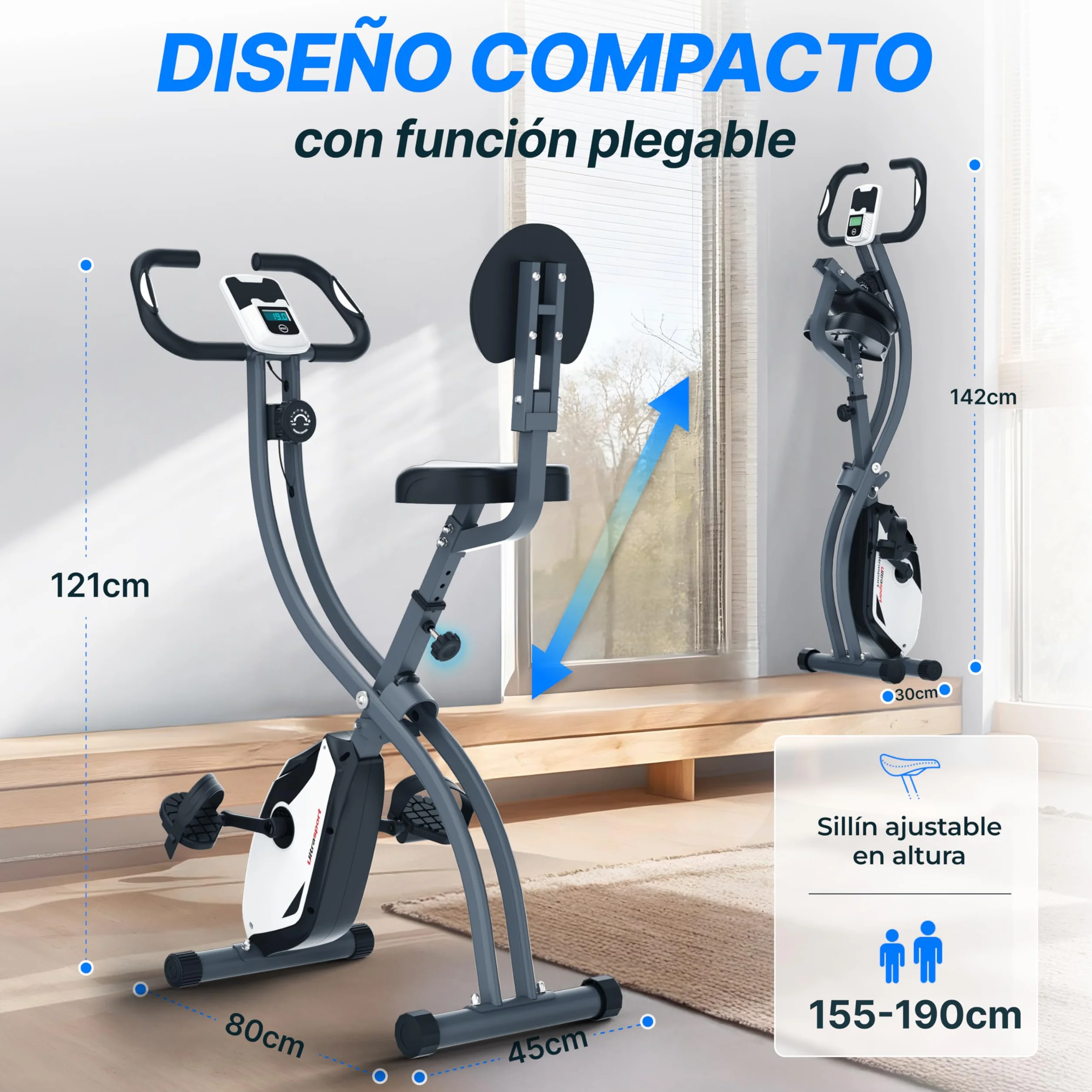 Ultrasport F-Bike Bicicleta Estática Plegable hasta 130 KG, Extra Silencioso con Sillín de Confort Ajustable - Bici Estática Plegable Indoor, Bicicletas Estáticas