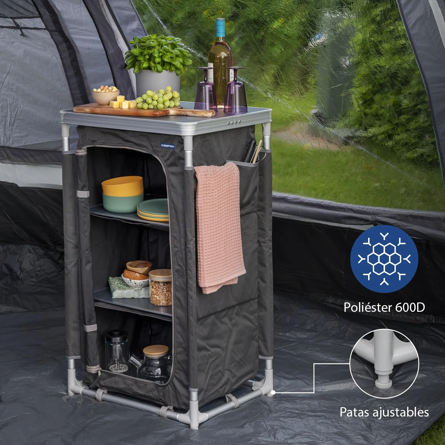 CAMPART Travel CU-0719 Armario de Camping Nice, Tres Compartimentos, Estructura de Aluminio, 97 cm de Altura, Unisex, Gris