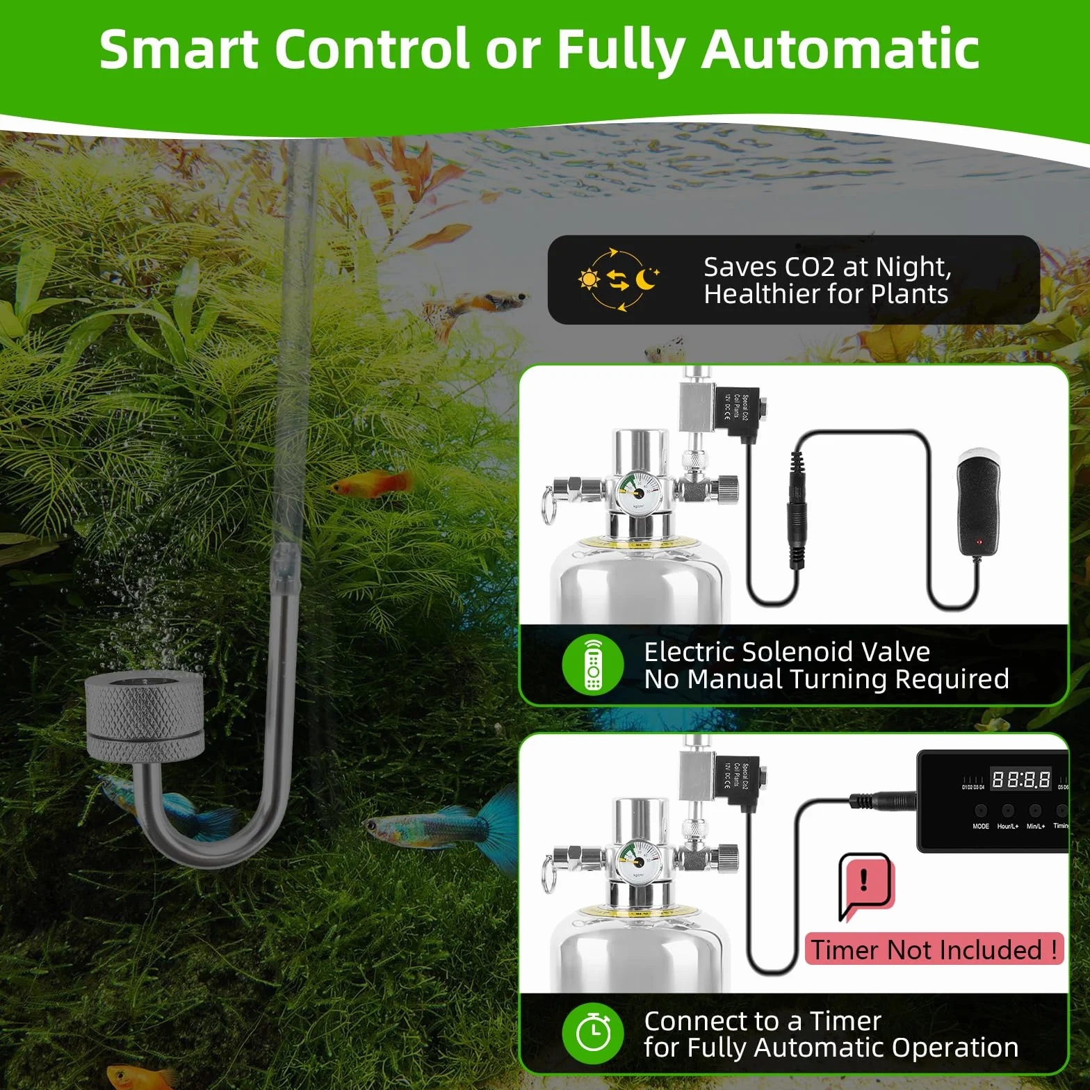 Kit Generador de CO2 para Acuario, Botella 2L Acero Inoxidable con Electroválvula y Contador de Burbujas