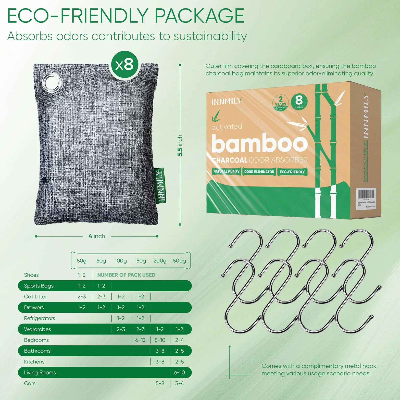 Absorbedor de olores de carbón activado, paquete de 8 ganchos, bolsas purificadoras de aire de carbón de bambú