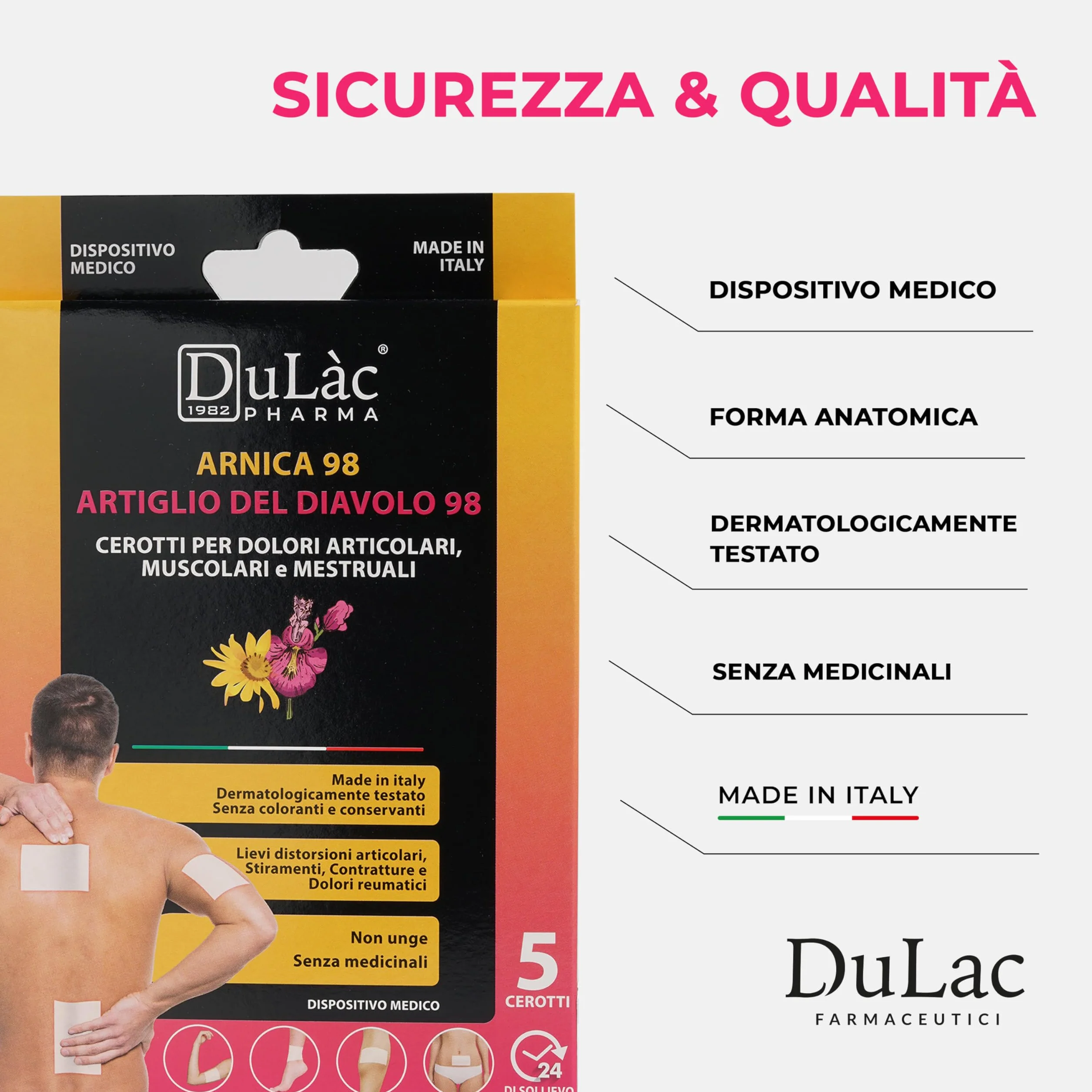 5 Parches de Árnica 98 y Garra del Diablo 98, Alivio para Dolores Articulares, Musculares y Menstruales, Dispositivo Médico Made in Italy