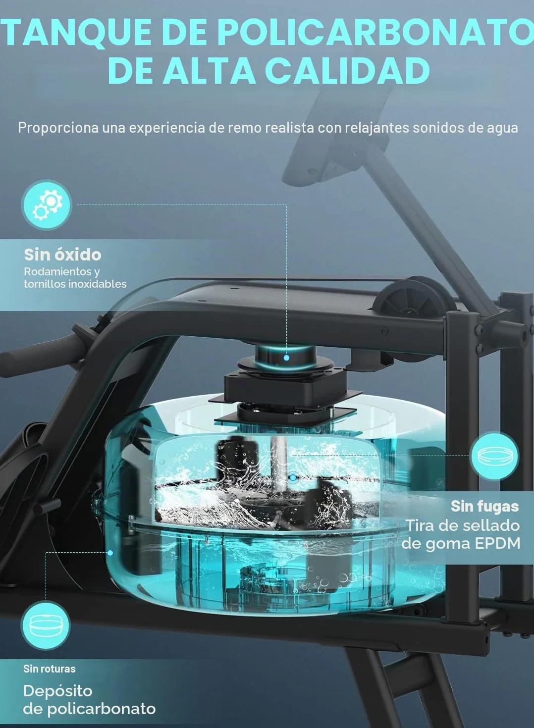 Neezee Máquina de Remo, máquina de Remo para Gimnasio en casa con riel de Aluminio, máquina de Remo de Agua con Soporte para Tableta, Resistencia al Agua y Pantalla LCD