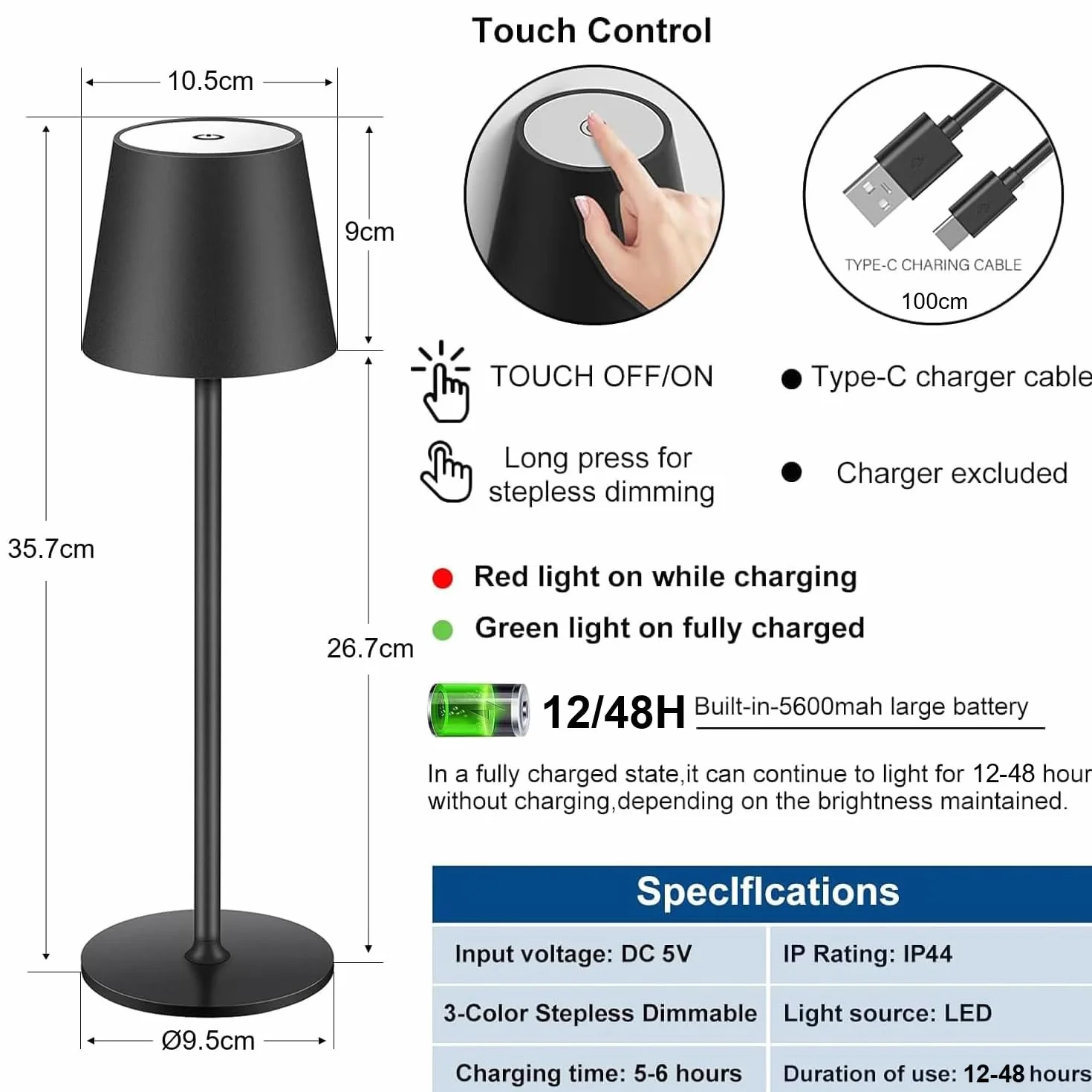 Lámpara de Mesa LED Recargable Inalámbrica con USB-C, IP44, 5600mAh, 5W, Negro