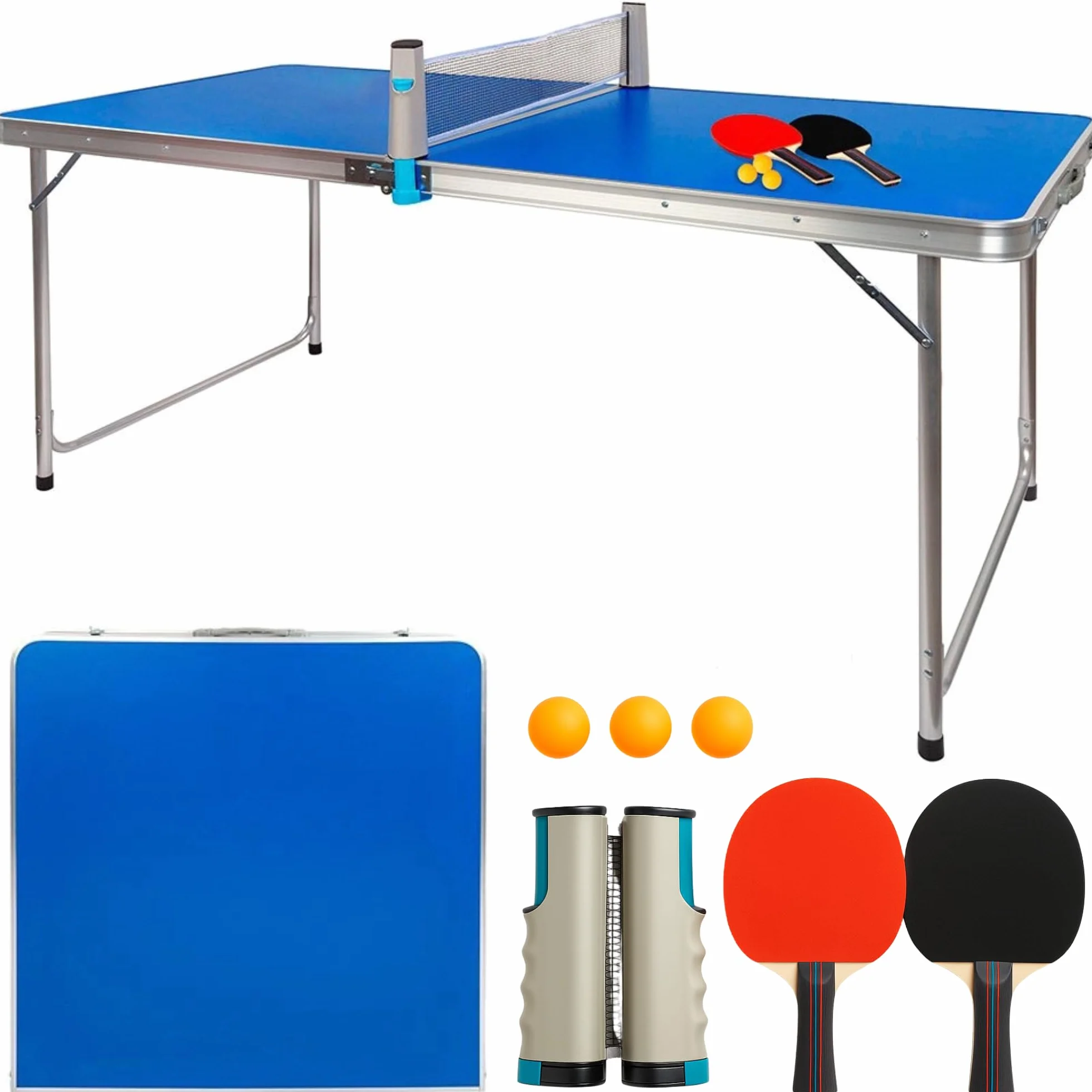 DEVESSPORT Mini Mesa de Ping Pong Plegable 120x60x70 cm con Raquetas, Pelotas y Red