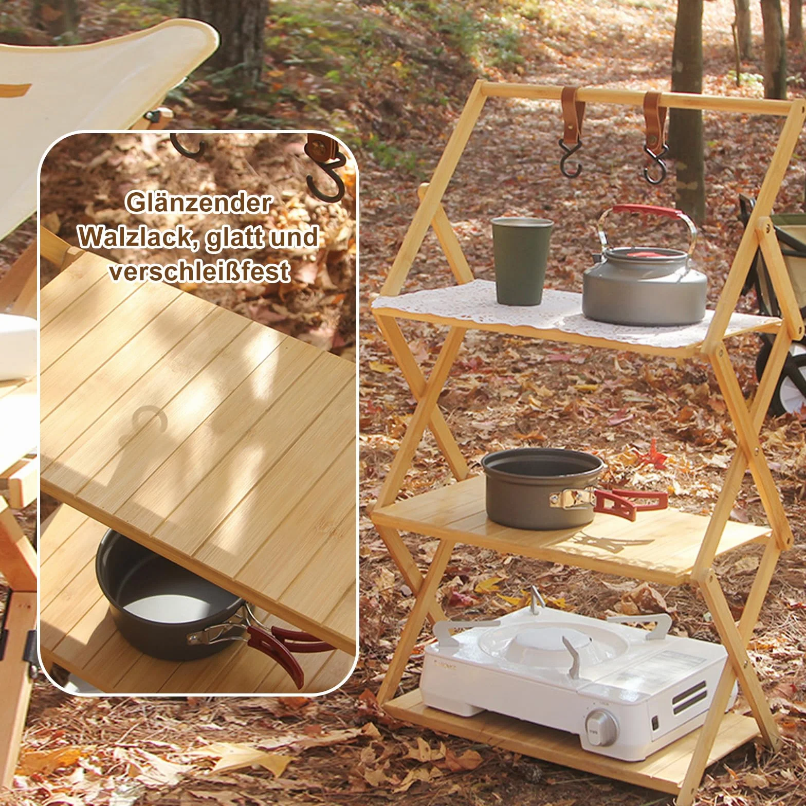 Estantería plegable de bambú, para camping, para exteriores, cocina, camping, barbacoa (4º piso, elevado)