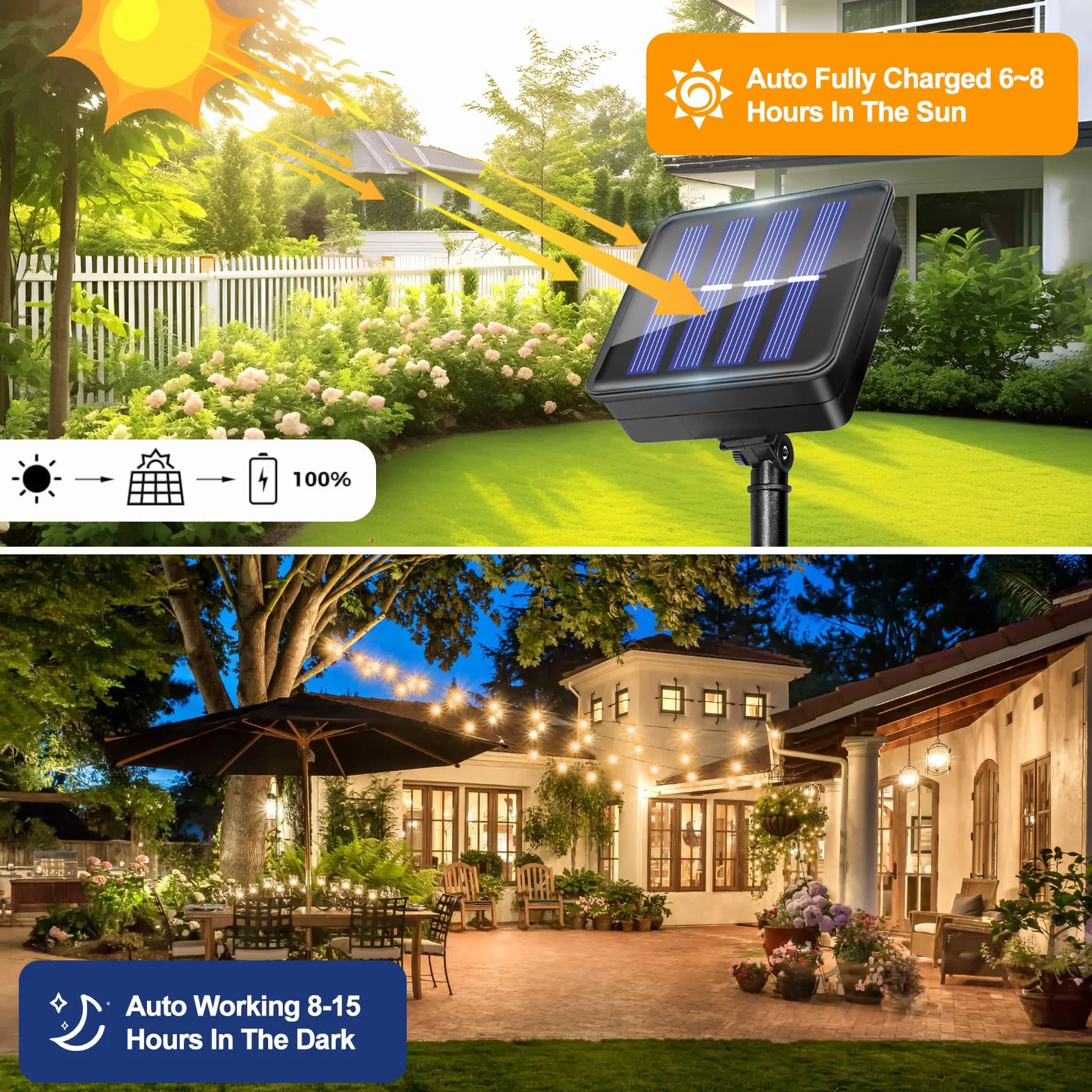 Luces Solares LED Exterior Jardin 5M 50LED Guirnalda Solar IP65 Impermeable Cadena de Luces Blanco Cálido