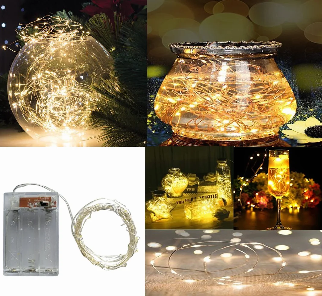 Guirnalda luces pilas 2 Modo Plata Alambre Cadenas 5 metros 50 leds Blanco Cálido para Decoración