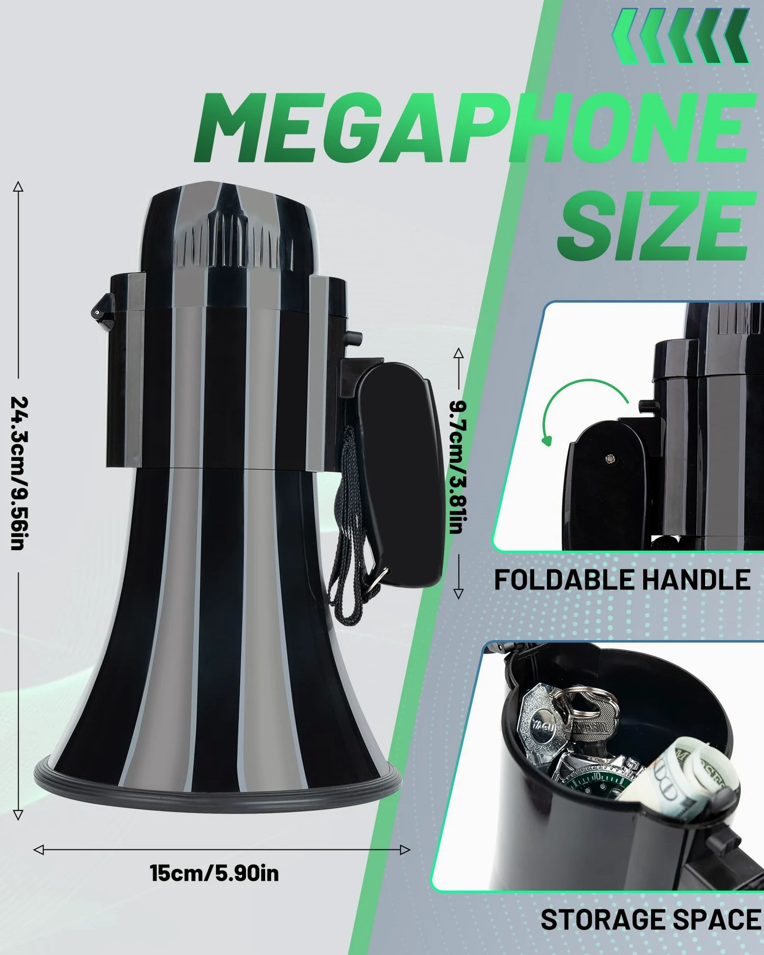 Altavoz megáfono Bullhorn recargable negro de 30 W, sirena y grabación de 240 segundos, megáfono portátil con correa y carga tipo C (negro)