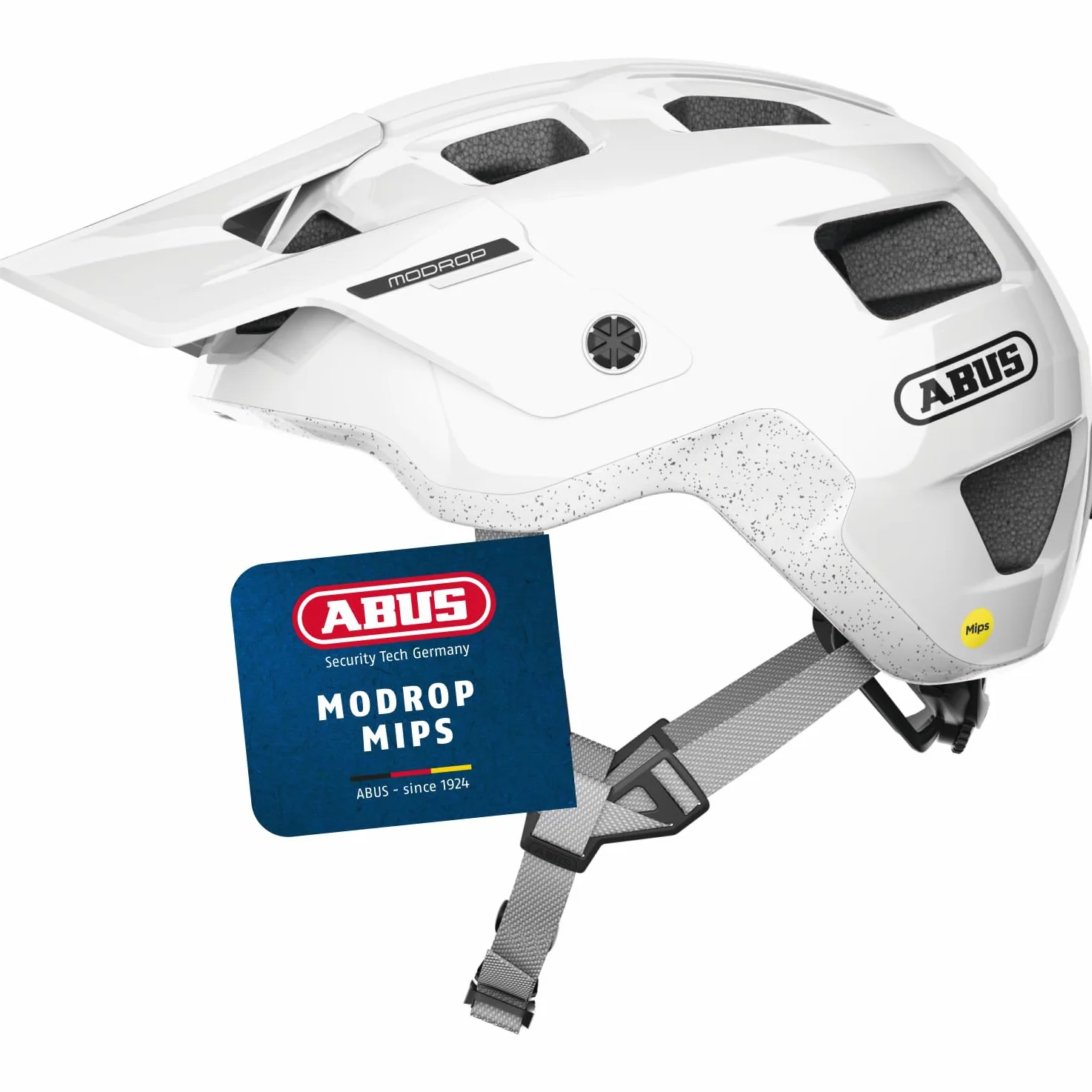 ABUS Casco MTB MoDrop MIPS, Blanco, M para Ciclismo Offroad | Casco de bicicleta con protección MIPS, sistema de ajuste Zoom Spin, con abertura para coleta