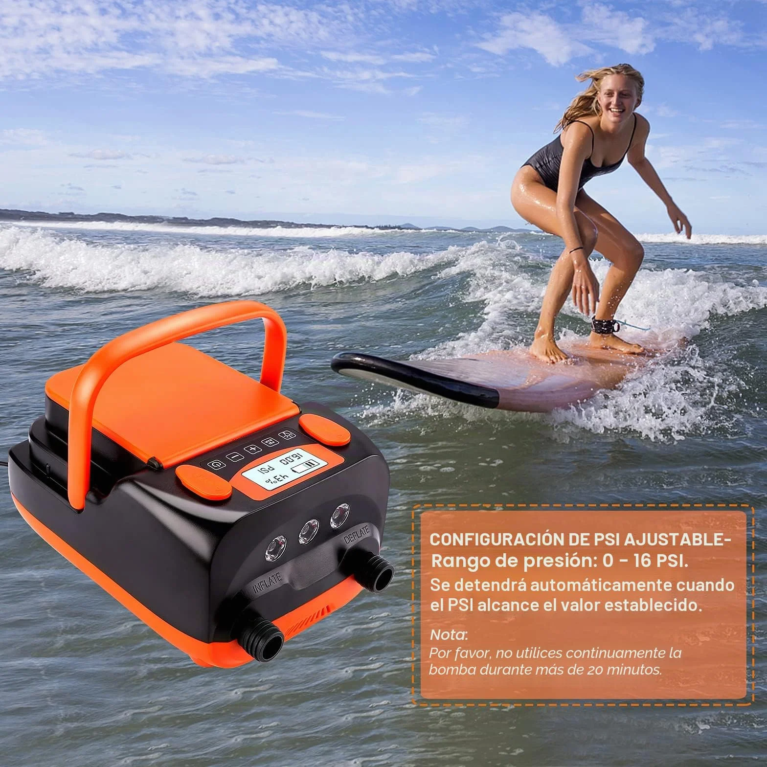 AGPtEK 6000mAh Bomba de Aire eléctrica Digital 16PSI 12V Recargable con Modo inflador y desinflador Rápido, Inflador Portátil de Alta Presión para Paddle Surf, Carpas, Sup y Botes inflables