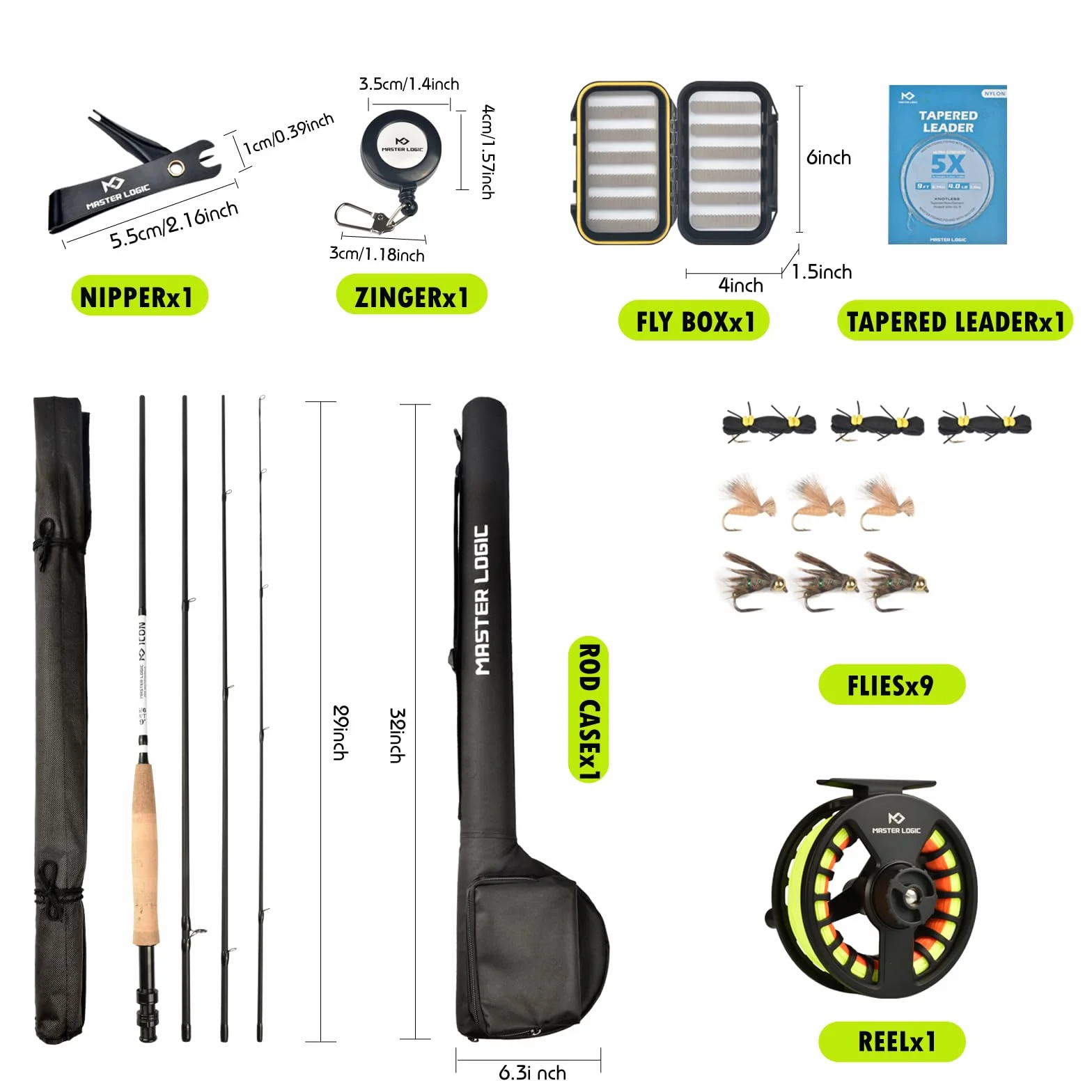 Kit de iniciación de caña de Pescar con Mosca y Carrete, con Caja Ligera para Moscas y Moscas de Pesca y Carrete de Aluminio Fundido, Funda de Transporte y Accesorios