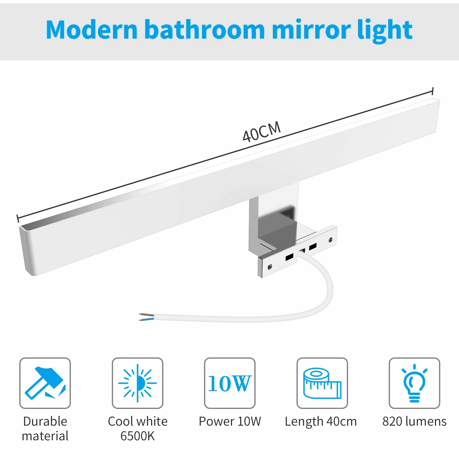 Aourow Lampara Espejo Baño 10W 40CM 820LM Aplique LED Blanco frío 6500K Resistente al Agua CLASE II
