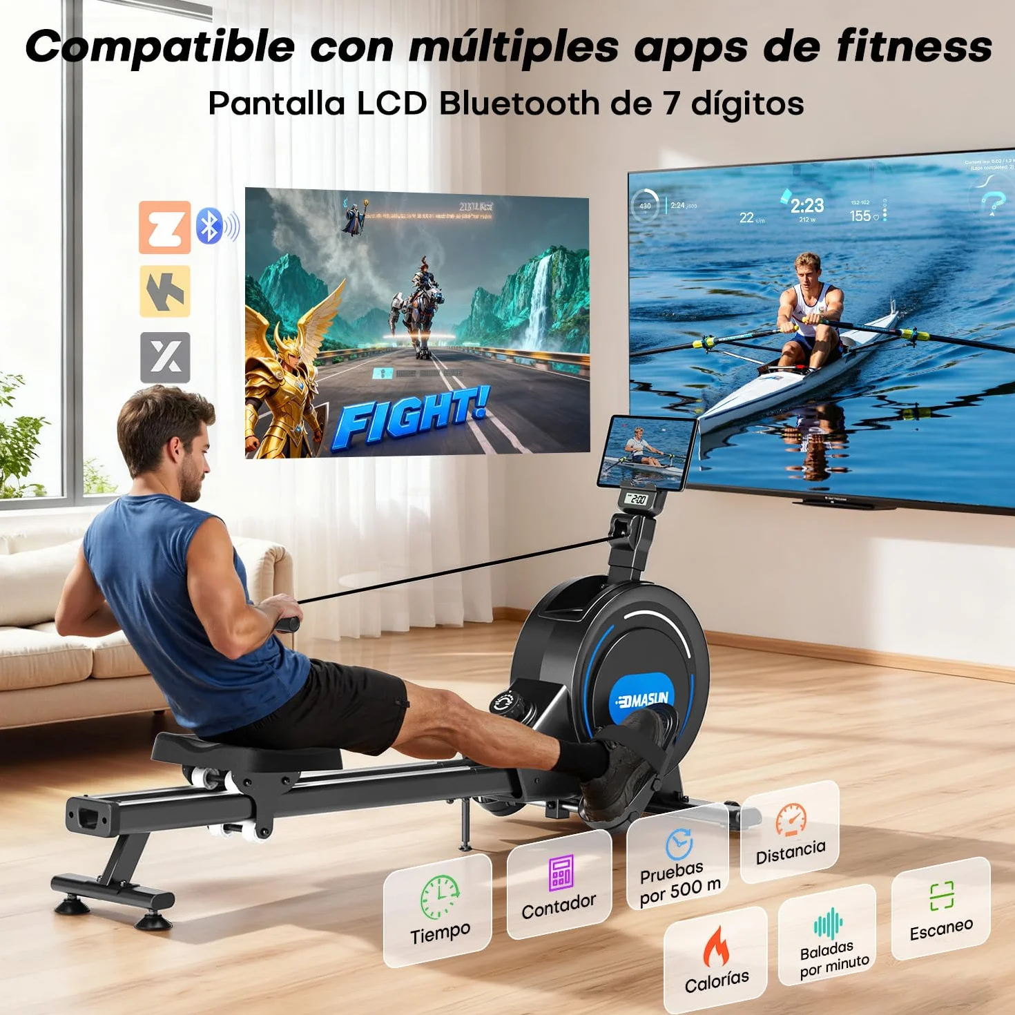 Máquina de Remo para Casa, 16/32 Niveles de Resistencia, Remo Magnético Silencioso con App Corriente Principal, Rieles Dobles Mejorados para Mayor Estabilidad + Negro + Azul