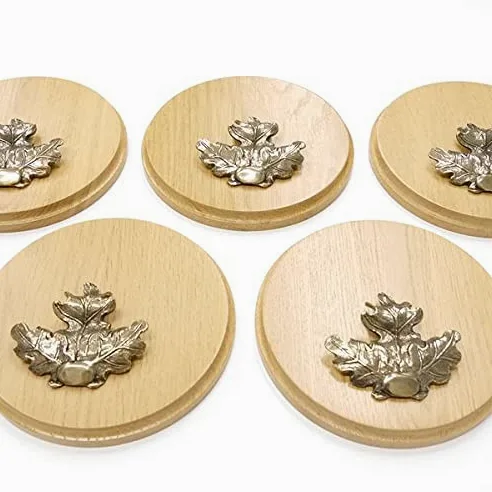 GTK Oferta 5 placas de cuña redondas de roble claro AF 17 cm, tabla cuña, tabla de especias, letrero para trofeos con 5 hojas de roble, portada grande