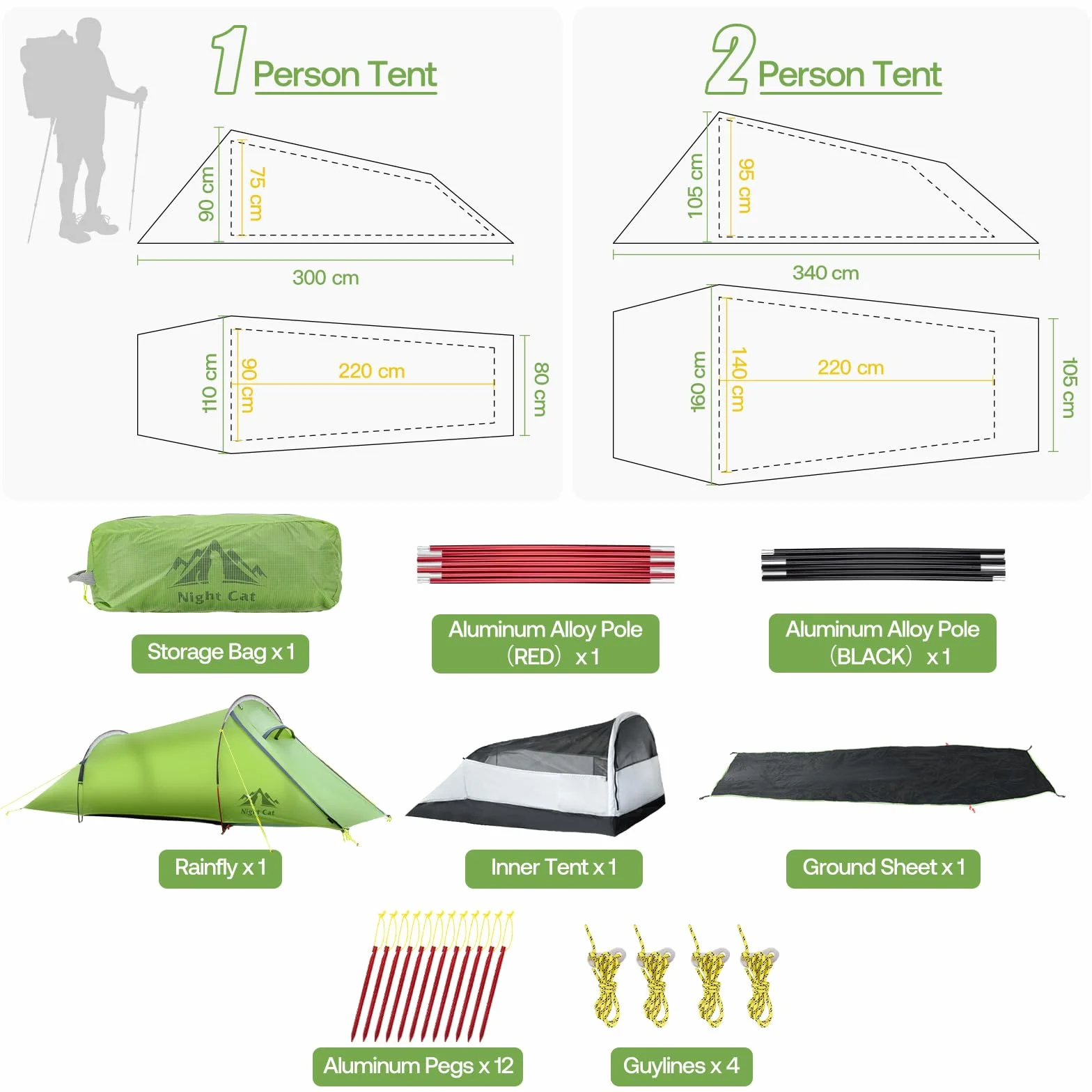 Night Cat Tiendas de Túnel 1 2 Personas: Ultraligero 1.5kg Impermeable Profesional Tiendas Camping Trekking