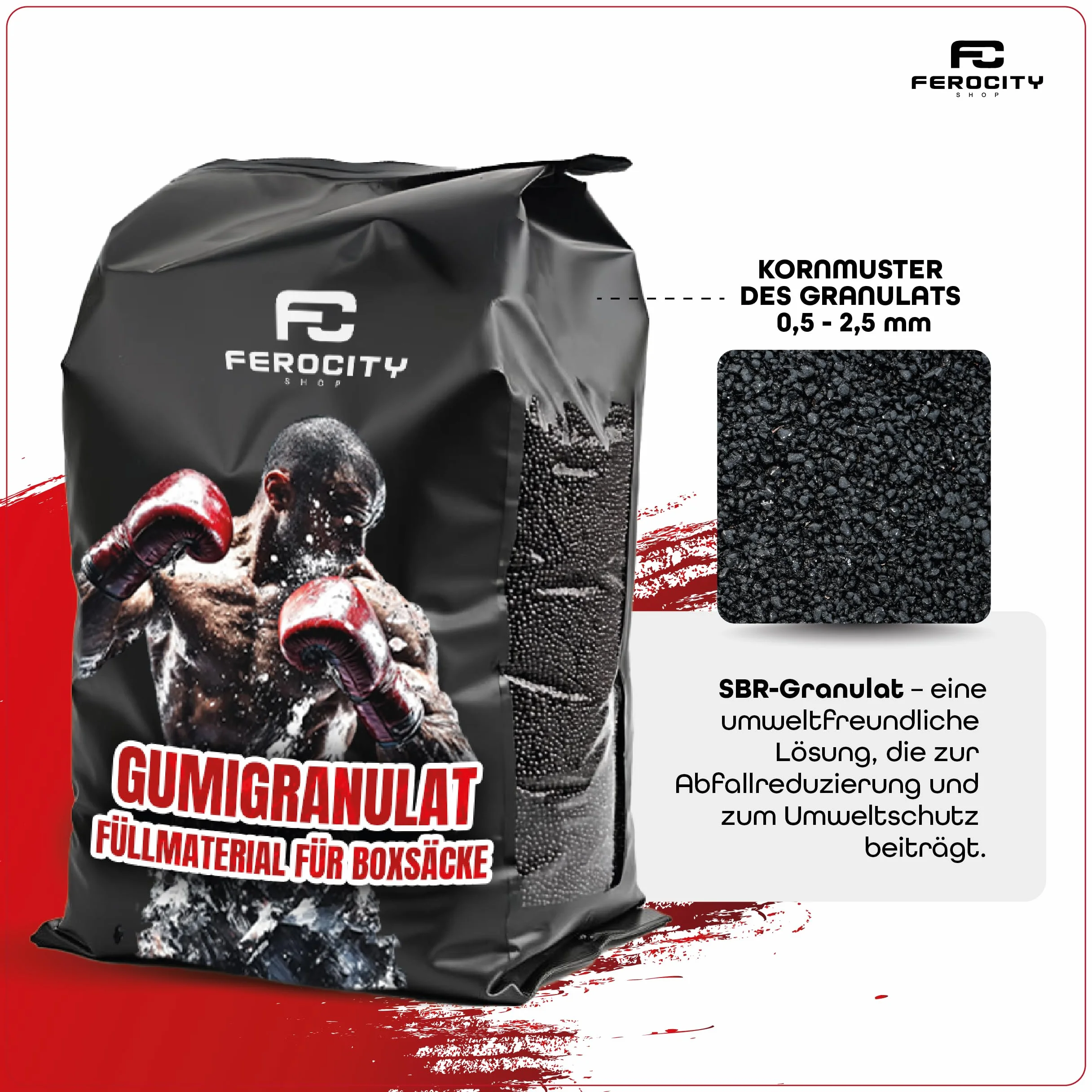 Ferocity Relleno para Saco de Boxeo 20 KG Aprox. 36L | para Makiwara, Pera de Maíz, Pera de Boxeo, Saco de Golpes | Granulado de Goma SBR – Densidad Óptima, Alta Durabilidad, Ecológico [137]