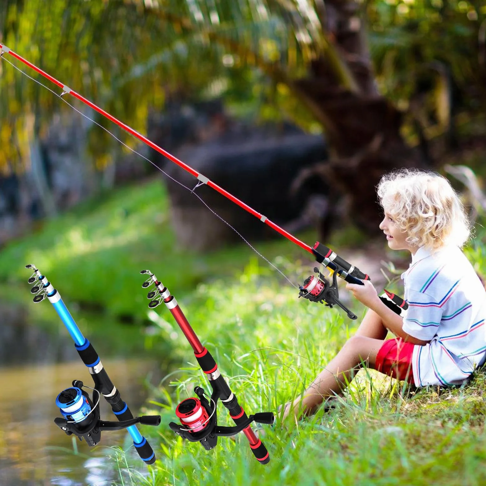 Juego de 2 cañas de pescar para niños, caña de pescar para niños, caña de pescar telescópica, 180 cm, caña de pescar telescópica portátil y carrete con cebo de línea de pesca, bolsa para niños y