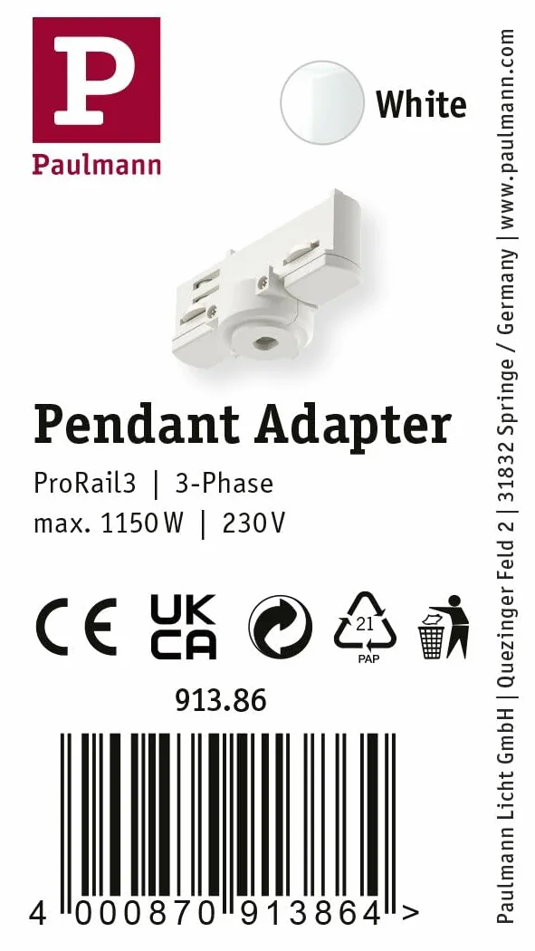 Paulmann 91386 Sistema ProRail3 Adaptador de péndulo Universal 1150W 230V Blanco Riel de Techo