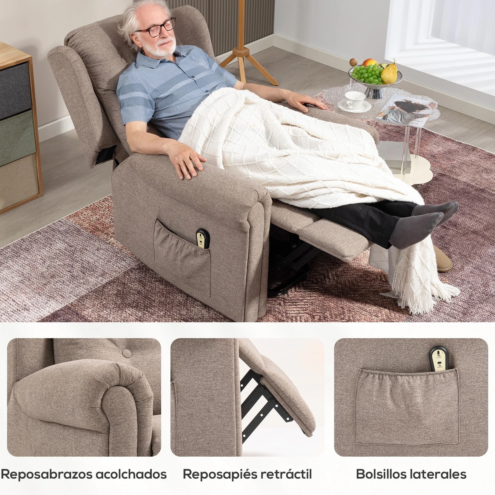 HOMCOM Sillón Relax Reclinable Eléctrico Levanta Personas con Respaldo Alto Capitoné Control Remoto Marrón Claro