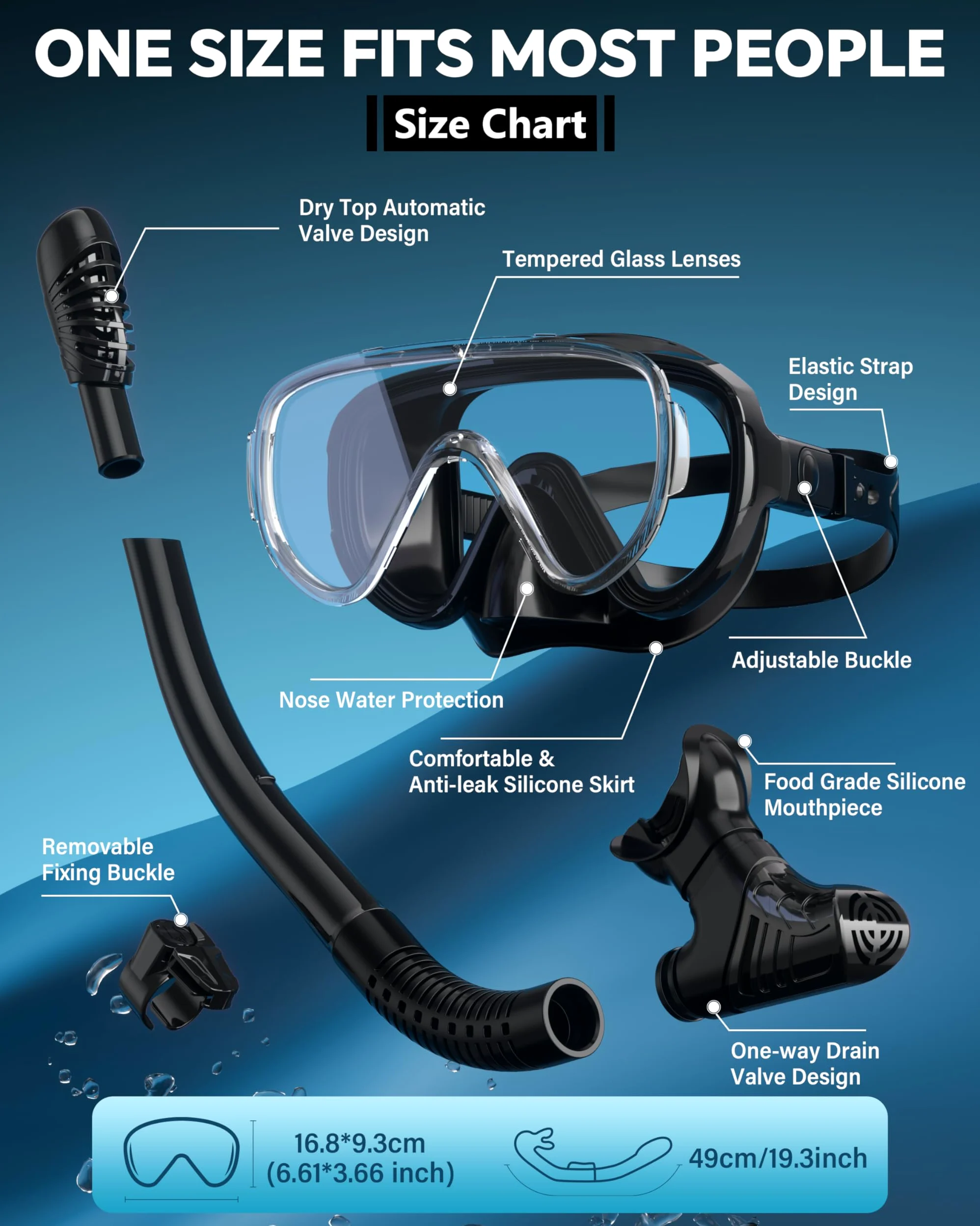 G2RISE Conjunto de Máscara, Gafas de Buceo para Adultos, Gafas Snorkel con Lentes de Vidrio Templado, Sistema de Tope Seco & Hebilla Ajustable Mejorada para Esnórquel, Buceo, Natación