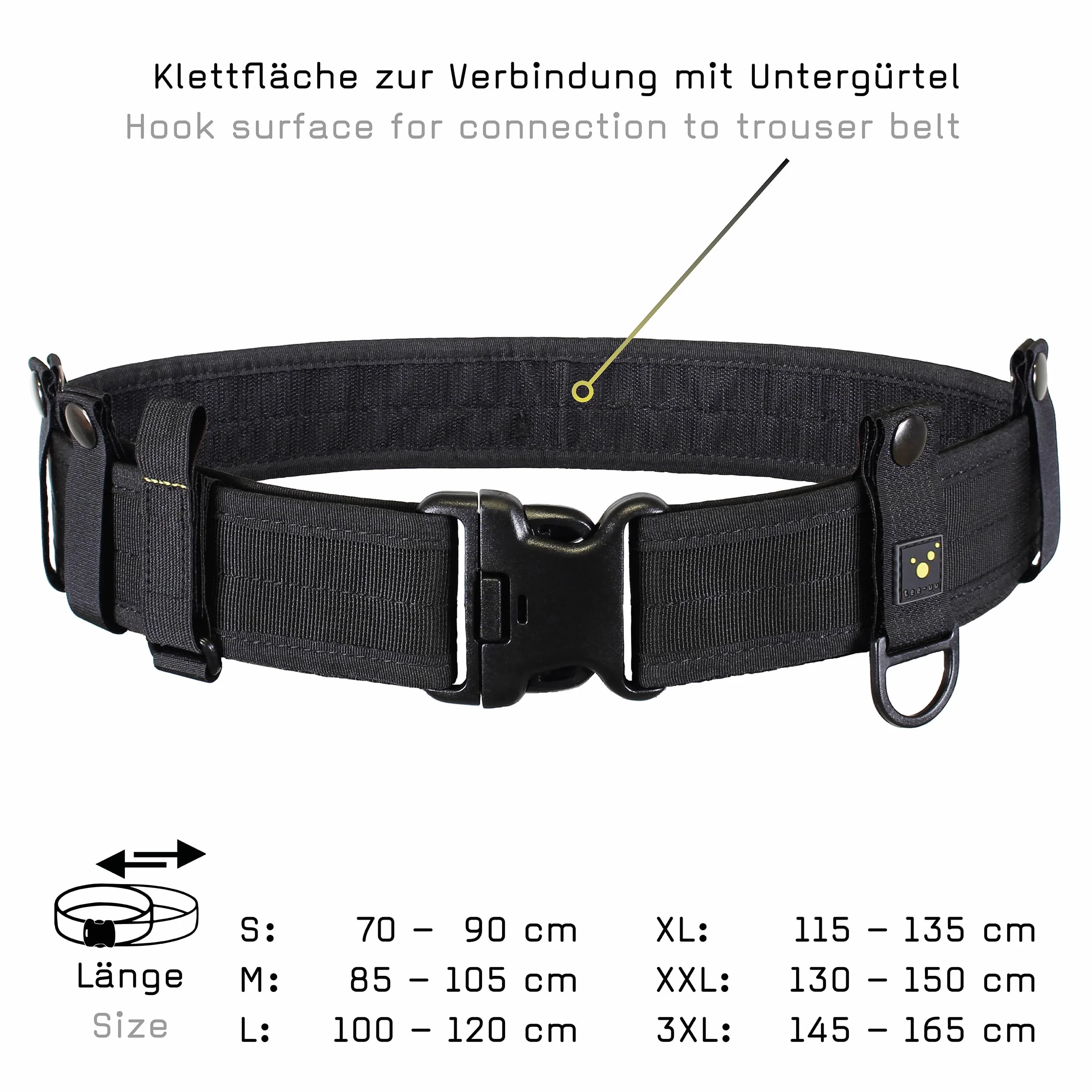 tee-uu Juego completo de cinturón de seguridad (S-XXL), color negro, incluye cinturón interior y juego de Belt Keeper, XXL (contorno de cadera 130 – 150 cm)
