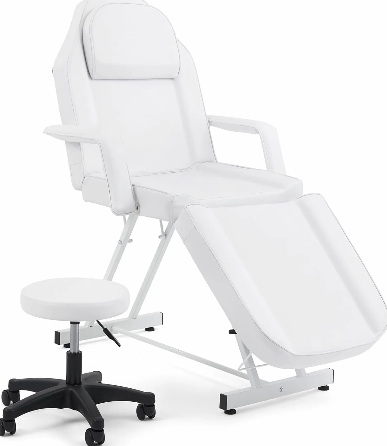 Camilla Masaje Plegable con Taburete 3 Zonas Profesional Ajustable Reposabrazos Reposacabezas para SPA Tatuaje Facial Pedicure (Blanco)