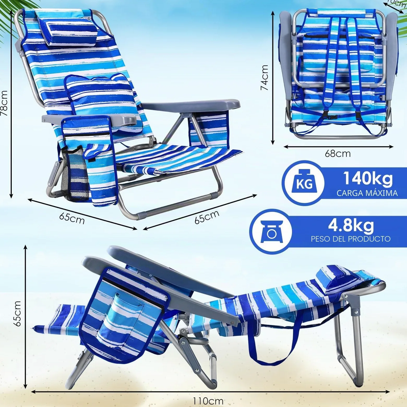 LIFERUN Silla De Playa,Set 2,Plegable,Reclinable,Diseño de Mochila,Azul | Respaldo 4 Posiciones,Carga 140kg,Oxford,Hierro,Bolsillo Térmico,Cojín Lumbar,Reposacabezas,Playa,Jardín,Camping,Festival