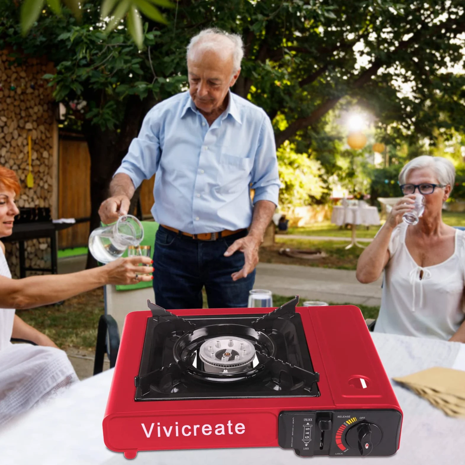 Vivicreate Estufa portátil, estufa de camping, estufa de butano, estufa al aire libre (rojo)