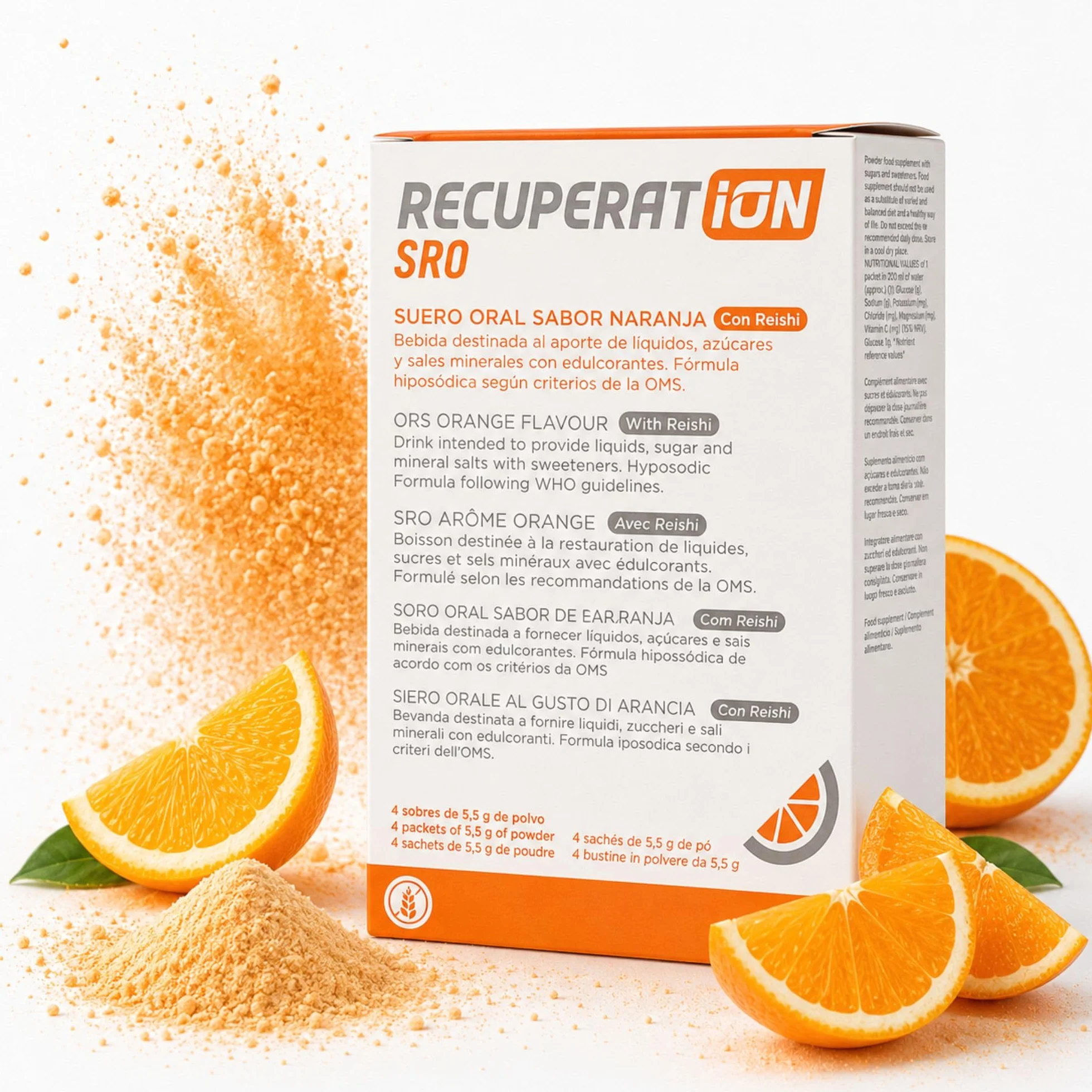 Suero Oral en Polvo con Reishi y Prebiótico Rehidratación Oral Gastroenteritis Vómitos Niños Adultos Sabor Naranja Sin Gluten Ni Lactosa Pack 4 Sobres Veganos