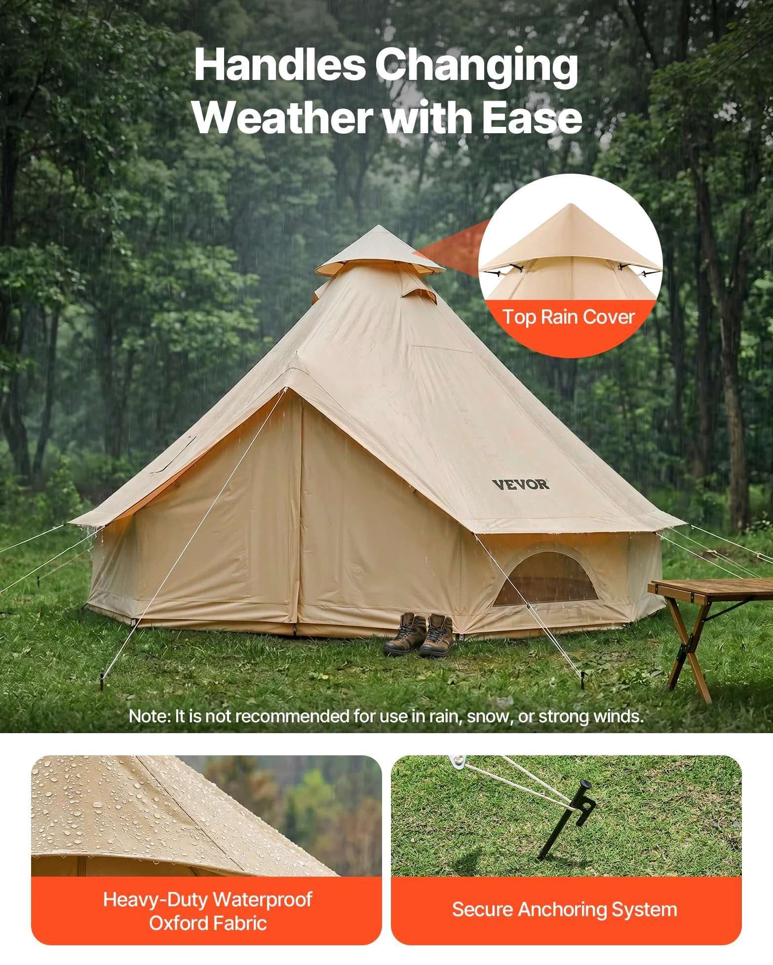 VEVOR Tienda de Campaña para 3-4 Personas, Tienda de Campaña Tipi de Tela Oxford Impermeable, con Salida de Humos de Estufa Suelo Desmontable Puerta de Malla, para Glamping Acampada Familias Amigos