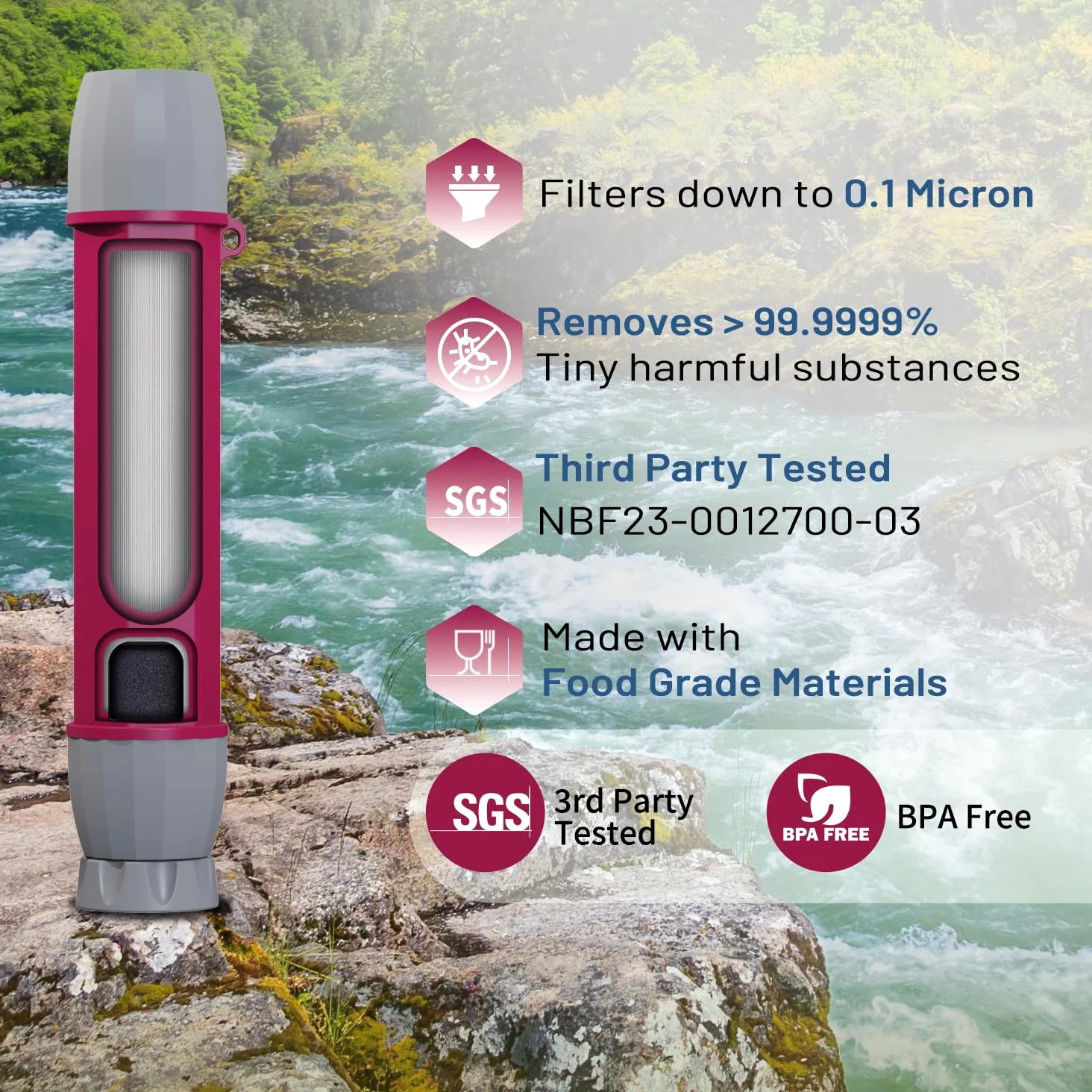 Yuclet YWF01 Paja con filtro personal para beber, sistema de filtración de agua portátil, equipo de supervivencia y suministros para camping, senderismo, viajes y preparación