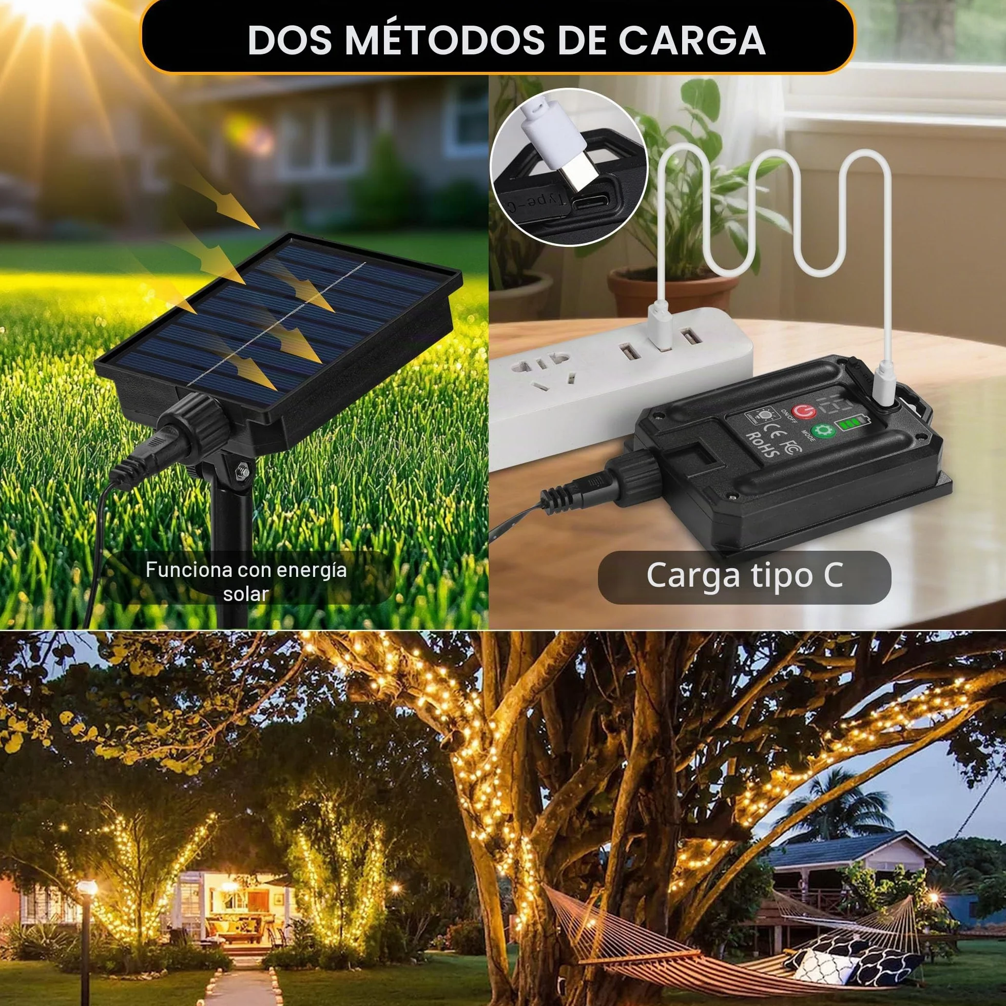 Tacobey Guirnalda Luces Exterior Solar 20M 200 LED Cadena de Luces 8 Modos Impermeable Blanco Cálido