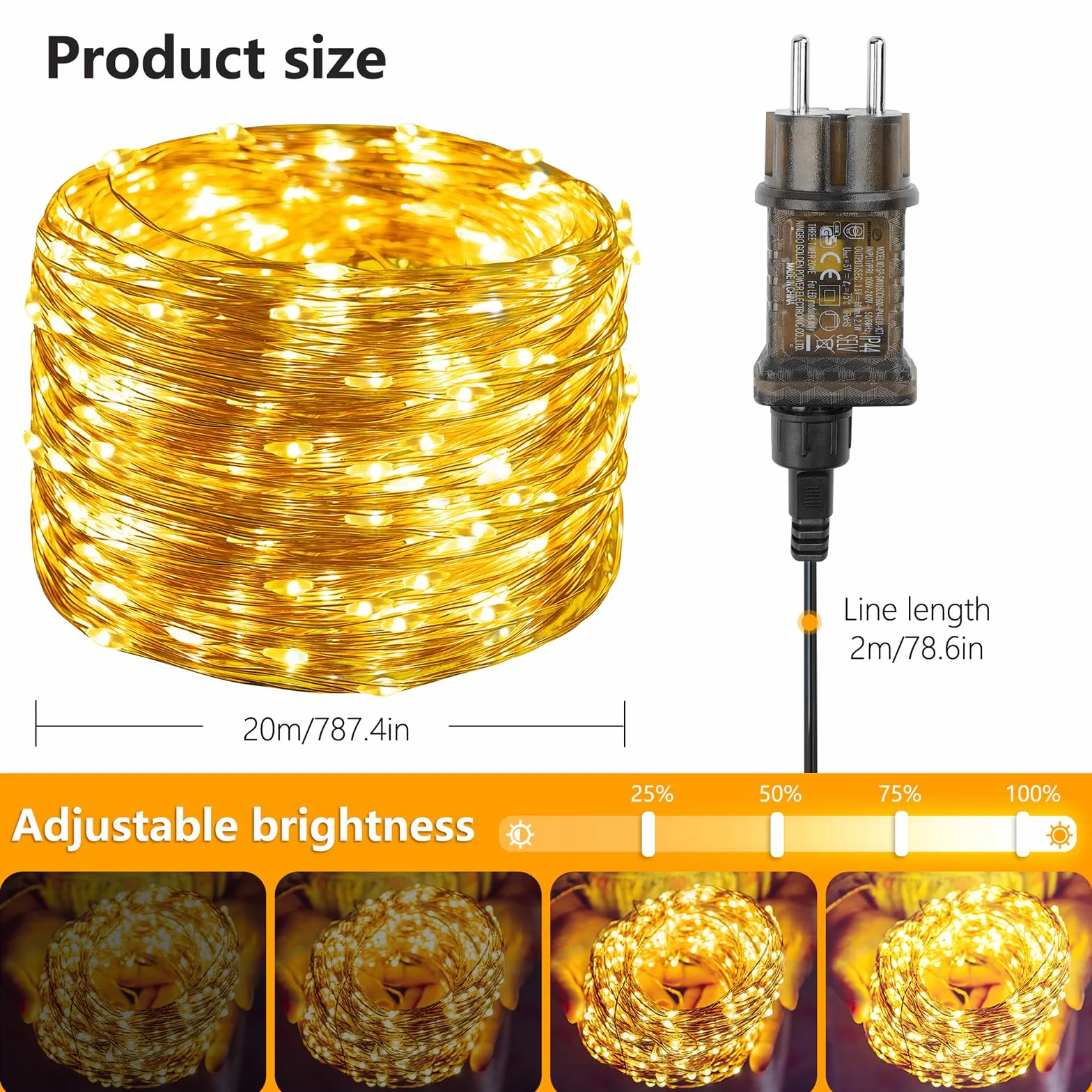 Guirnalda Luces 20M 200 LEDs IP65 Blanco Cálido Impermeable Cadena de Luces Navidad 8 Modos