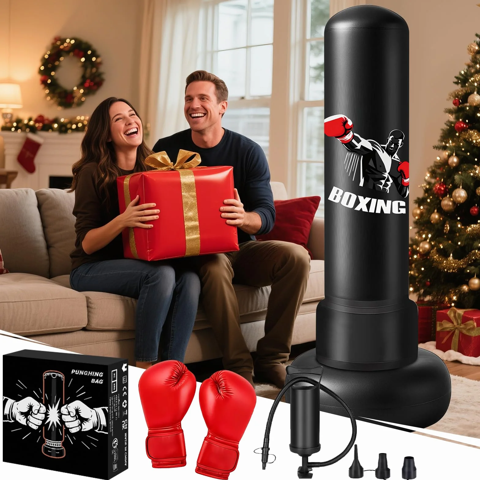 Ninonly Saco de Boxeo para Adultos 190cm Saco de Boxeo Inflable Pesado con Guantes de Boxeo, Bomba y Pelota de Reflejos,Base Grande Mejorado para Hombres y Mujeres,Entrenamiento MMA Muay Thai Fitness