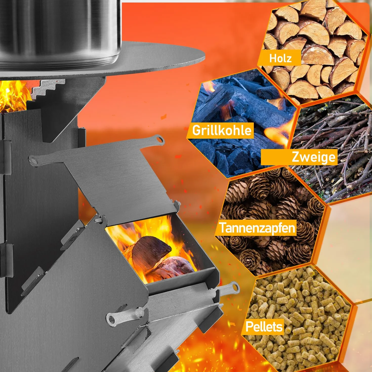 Horno de cohetes incl. plancha de parrilla Horno de cohetes con ganchos de fuego y 2 pies de soporte adicionales Hornillo de camping de acero macizo de 3 mm de espesor Hornillo de camping