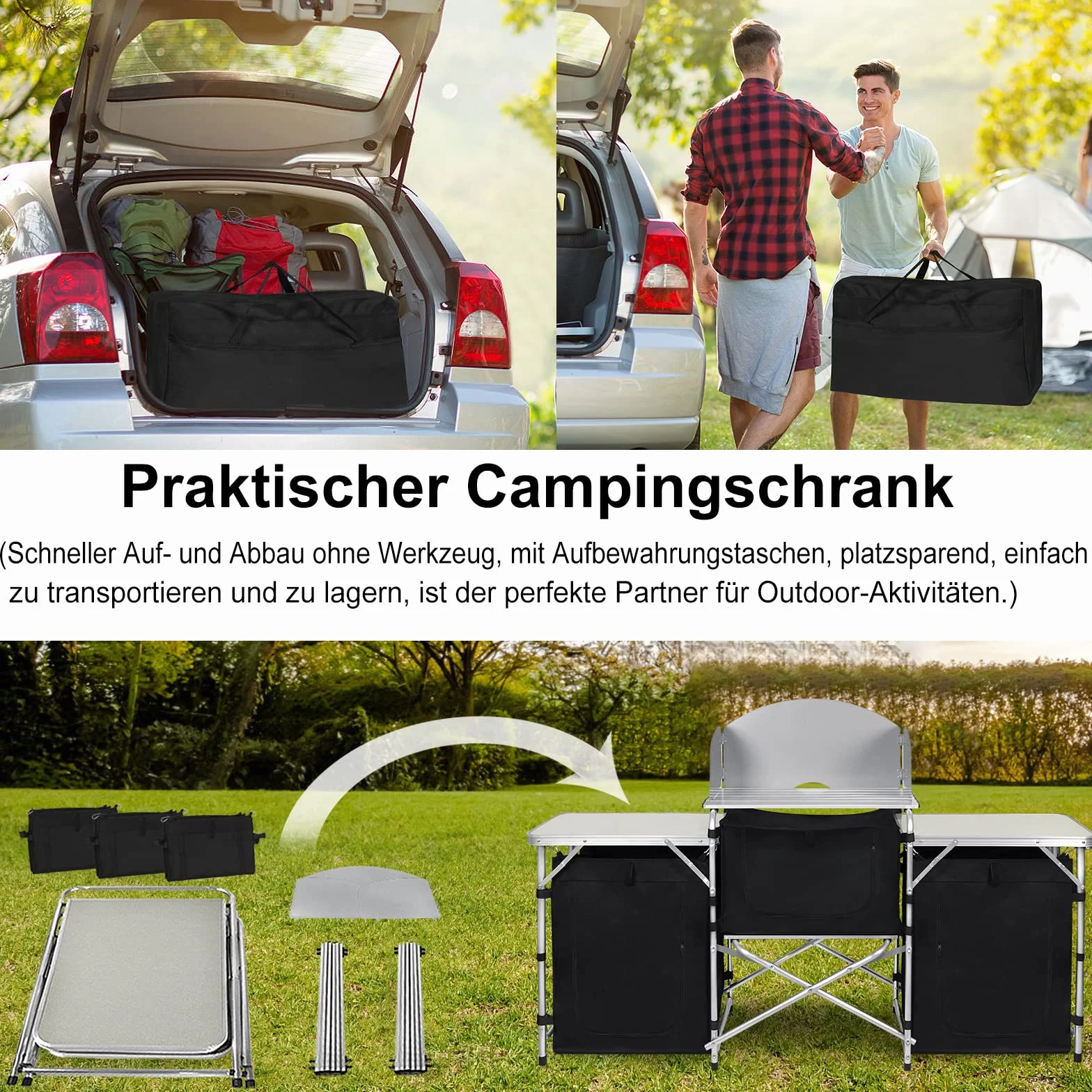 Mesa de camping plegable con estructura de aluminio, armario de camping para exteriores, incluye bolsa de transporte para senderismo, picnic, 174 x 52 x 110 cm