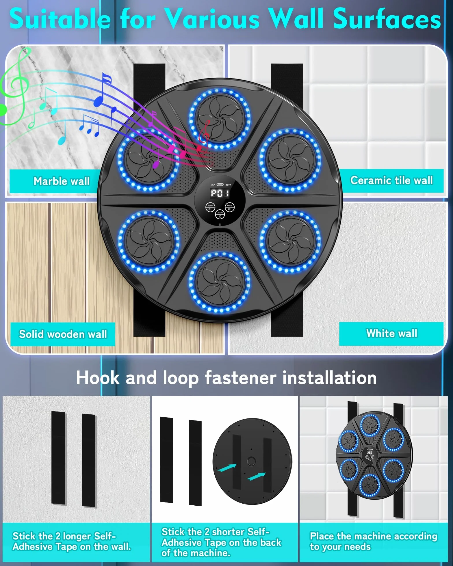 Máquina de Boxeo Musical Adulto 12 Modos Velocidad Boxeador Pared Guantes Bluetooth Recuento Inteligente Luces Ritmo