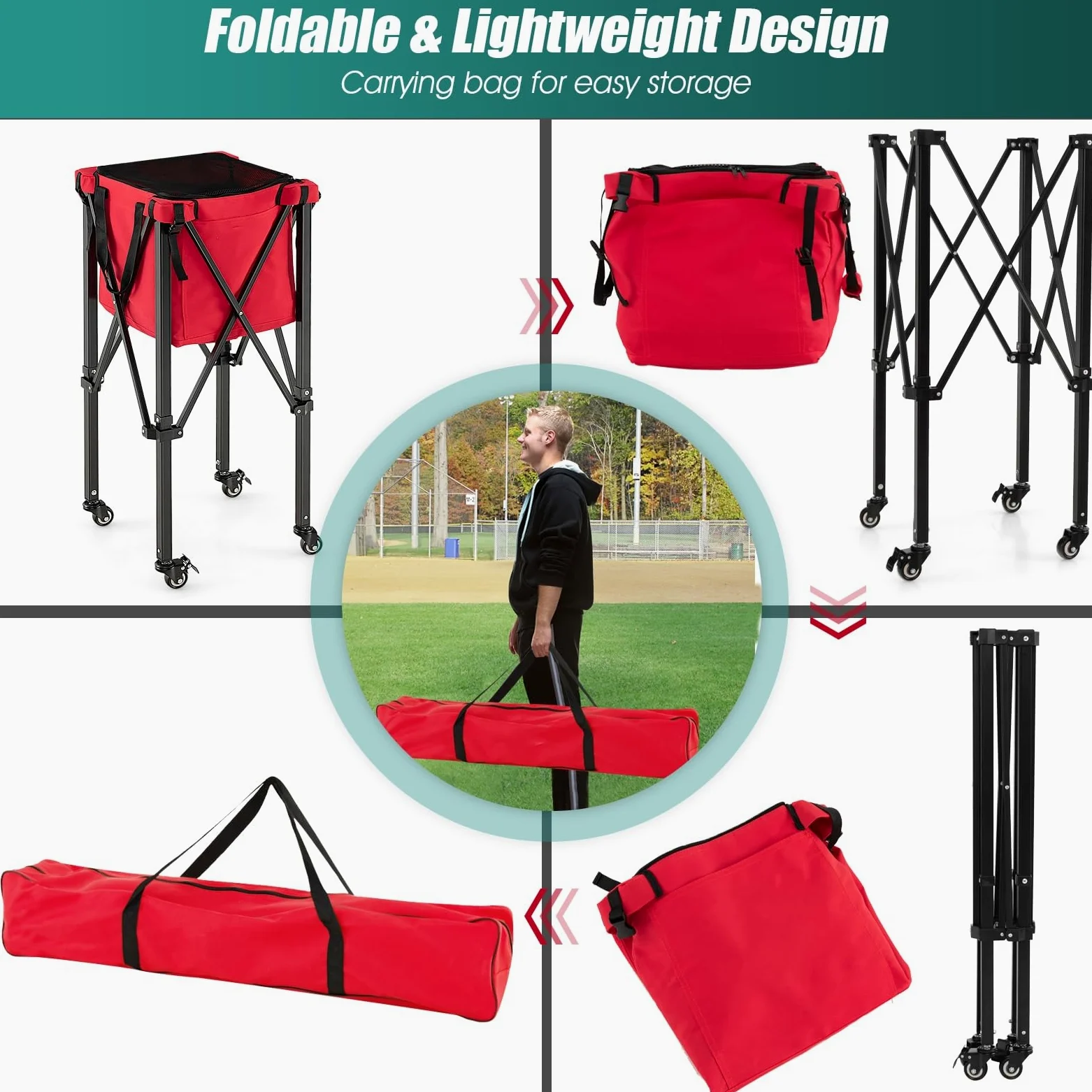 LIFEZEAL Carrito para Pelotas de Tenis, Trolley Plegable para Pelotas de Tenis con Bolsa de Transporte, cestas con Ruedas de Tenis y de Viaje, recogepelotas para 150 Pelotas de Tenis