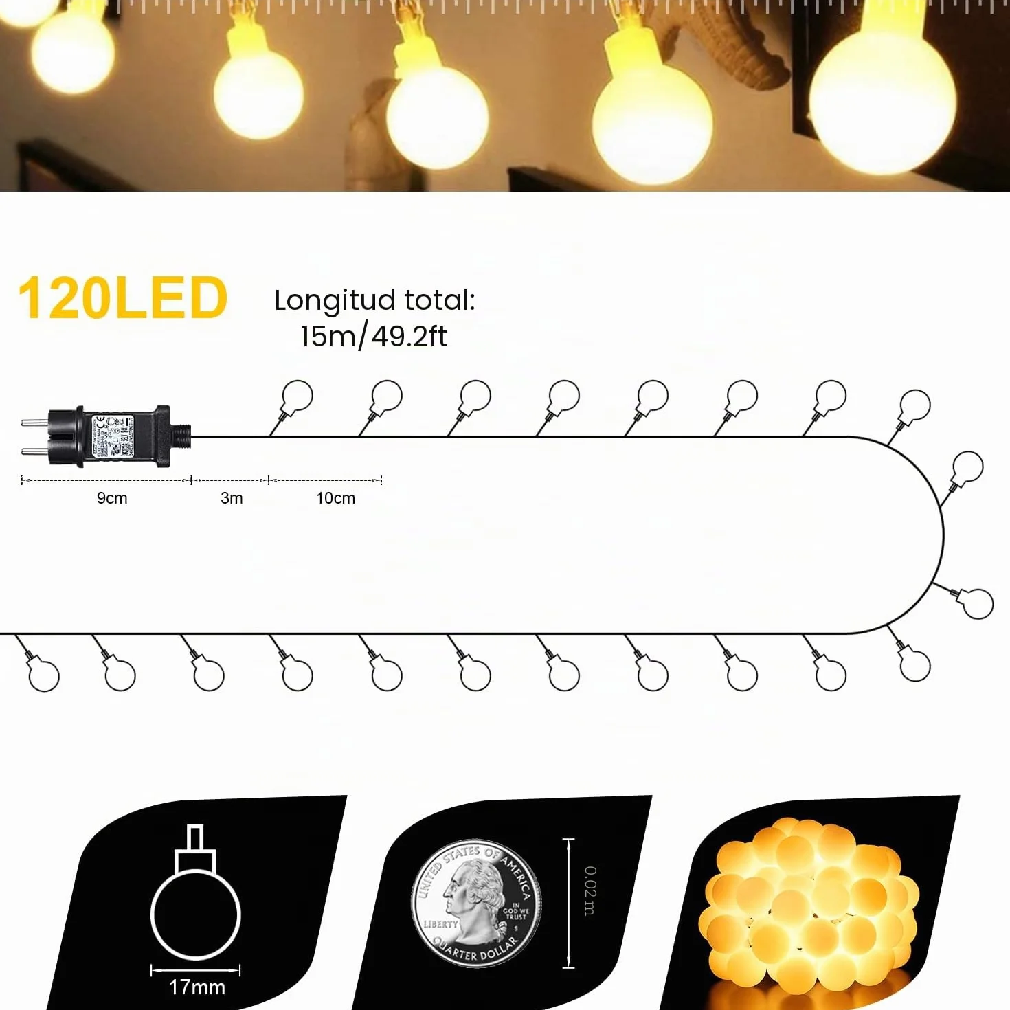 Liyade Guirnalda Luces 15M 120LED Cadena de Luces Exterior Interior 8 Modos Navidad