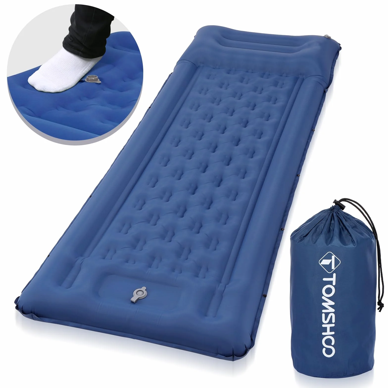 TOMSHOO Esterilla Camping Autoinflable, Colchón Hinchable Con Bomba de Pie y Almohada, Ultraligera Con 2 Mosquetón, Para Tienda, Senderismo, Viajes