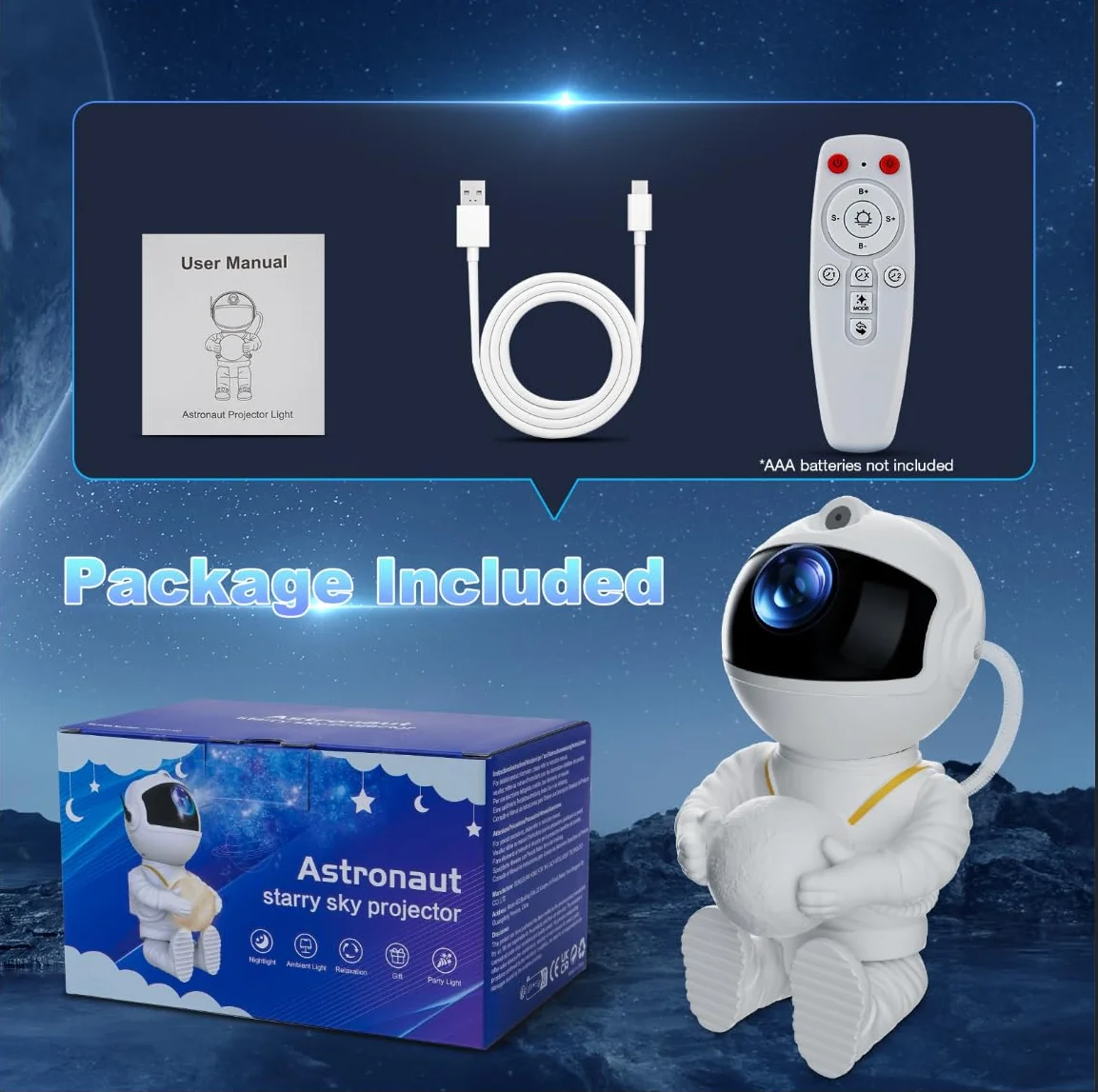 Feliigo Proyector Estrellas LED Astronauta Galaxy 8 Modos Iluminación Rotación 360° Mando Distancia Luz Nocturna Infantil
