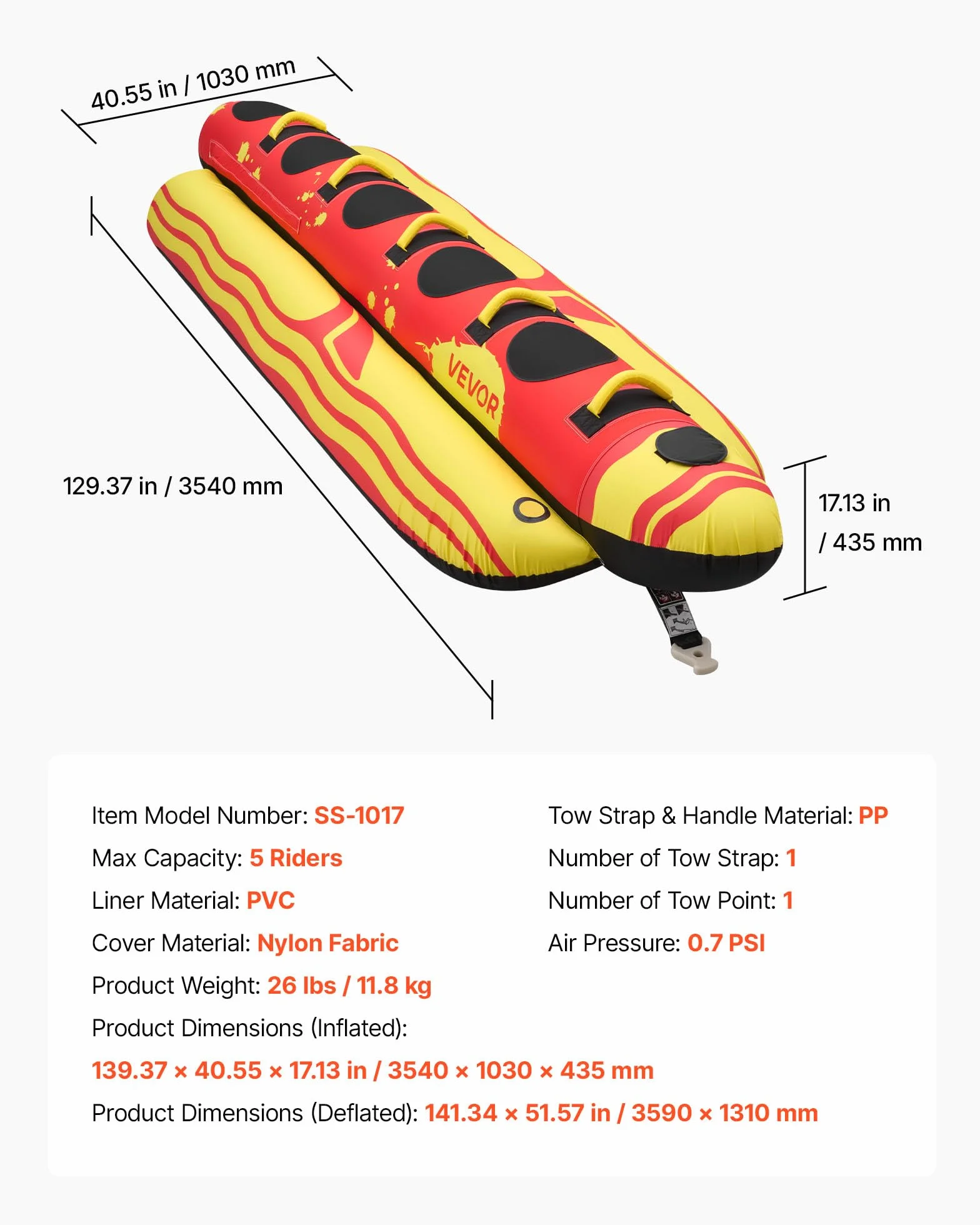 VEVOR Tubo Remolcable para Navegación 5 Pasajeros 354 x 103 cm 385 kg Inflable Flotador de Arrastre Cubierta de Nailon