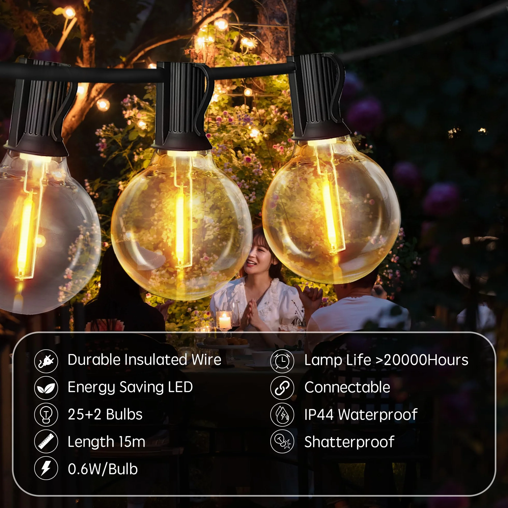 Guirnalda Luces Exterior 15M G40 LED IP44 2700K Blanco Cálido Impermeable Enchufable para Jardín Patio Fiesta