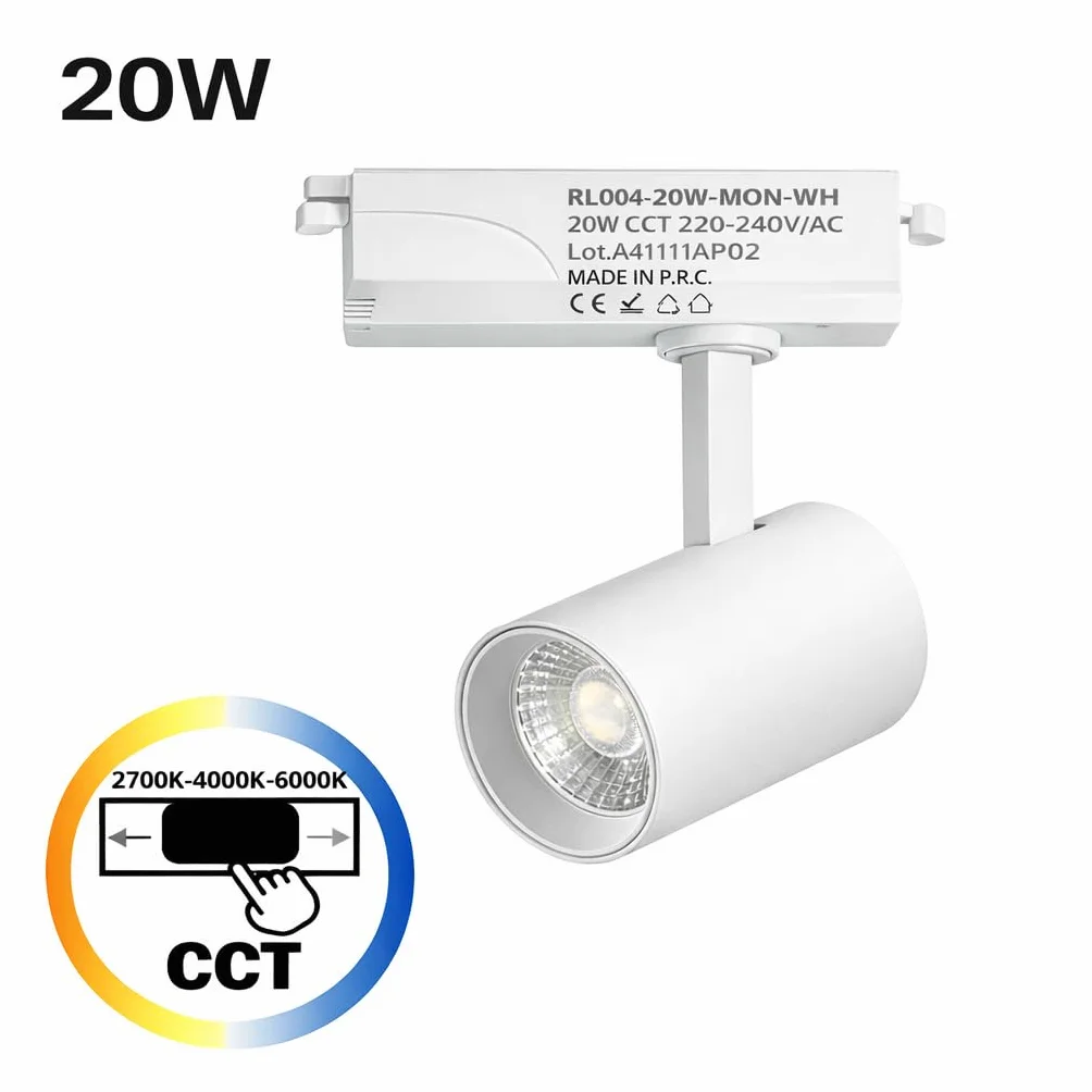 Alpinaluz Foco LED Carril Monofásico 20W 2000lm CCT Seleccionable 2700K-4000K-6000K Orientable Blanco Mate 40°